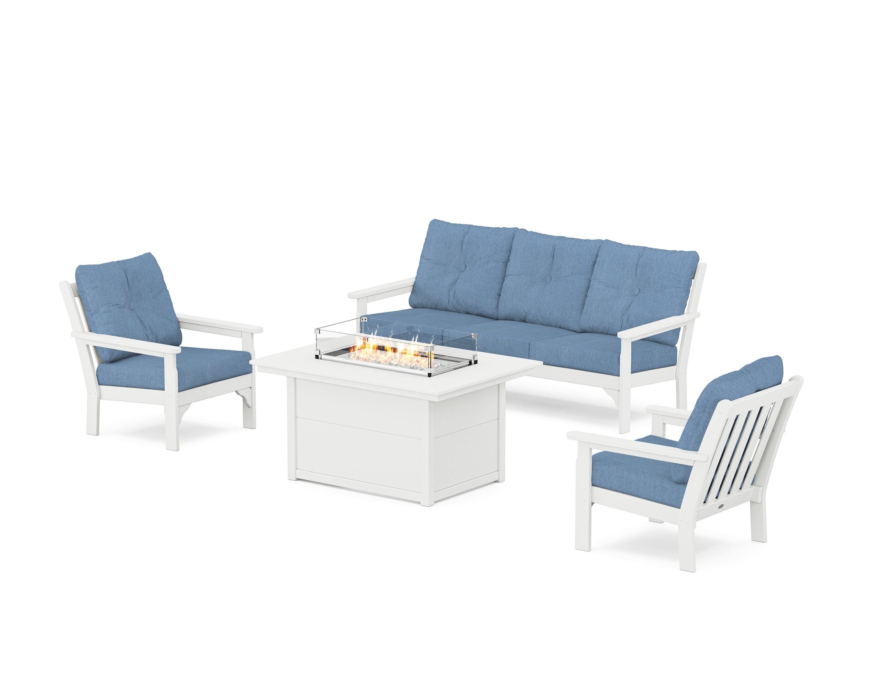 POLYWOOD Vineyard Deep Seating Fire Pit Table Set in White / Sky Blue