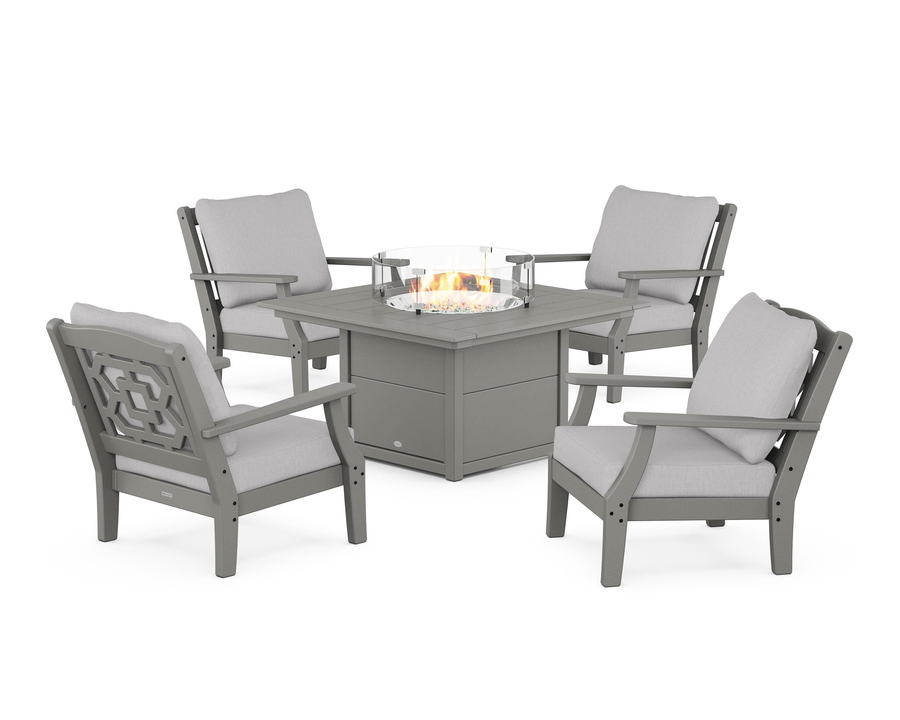 Martha Stewart by POLYWOOD Chinoiserie 5-Piece Deep Seating Set with Fire Pit Table in Slate Grey / Granite