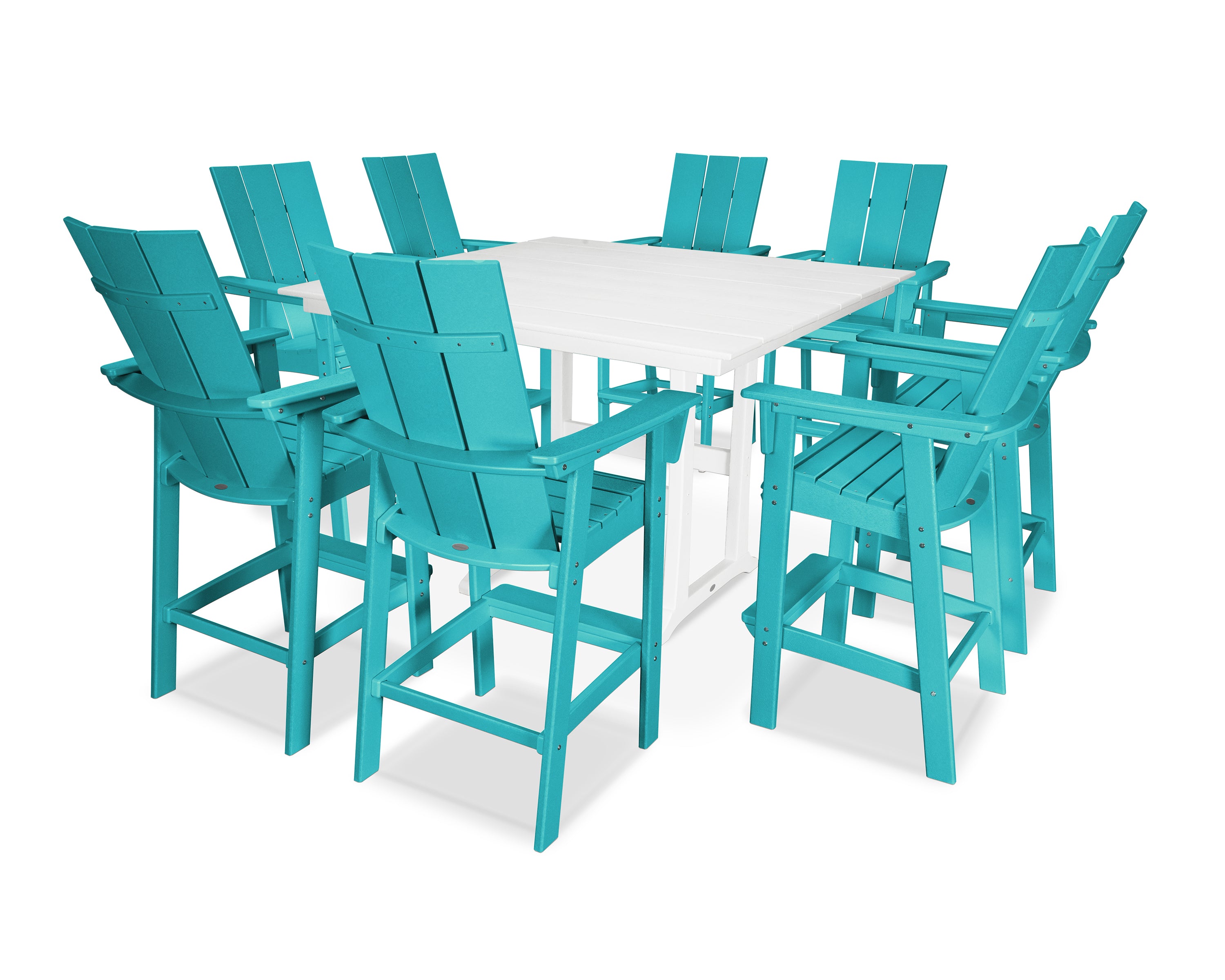 POLYWOOD® Modern Curveback Adirondack 9-Piece Farmhouse Trestle Bar Set in Aruba / White
