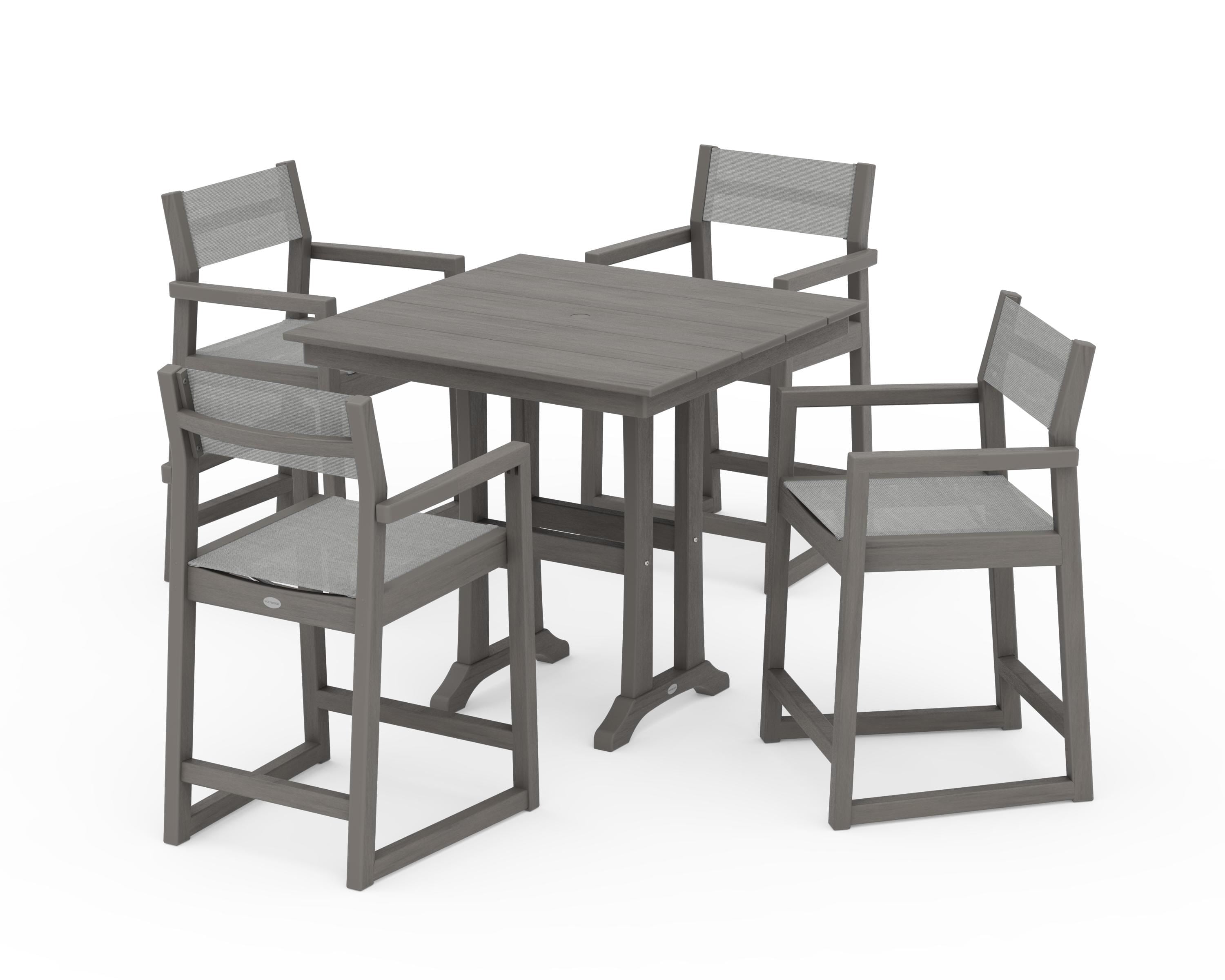 POLYWOOD EDGE Sling Arm Chair 5-Piece Farmhouse Counter Set with Trestle Legs in Driftwood / Metallic Sling