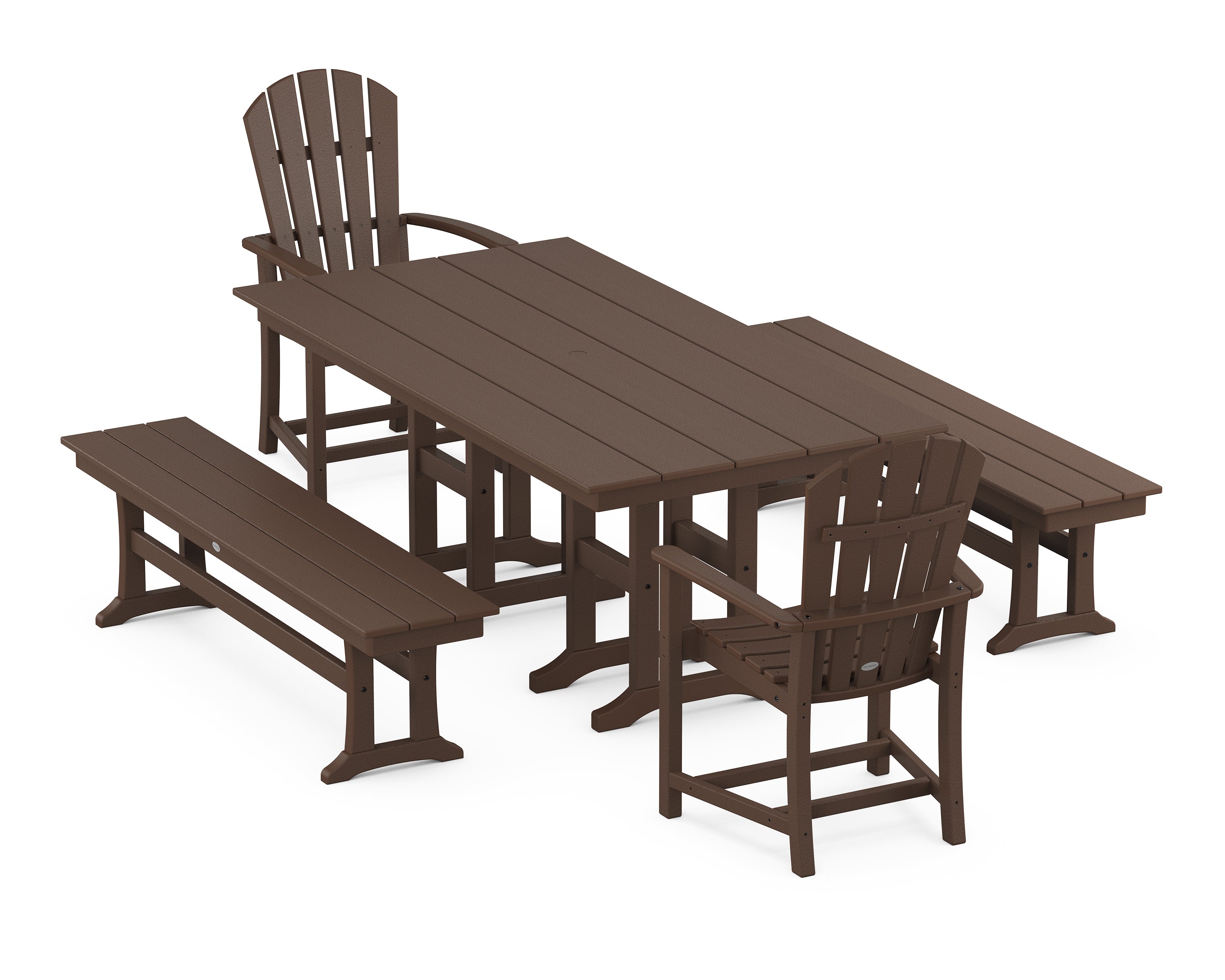 POLYWOOD Palm Coast 5-Piece Farmhouse Dining Set with Benches in Mahogany