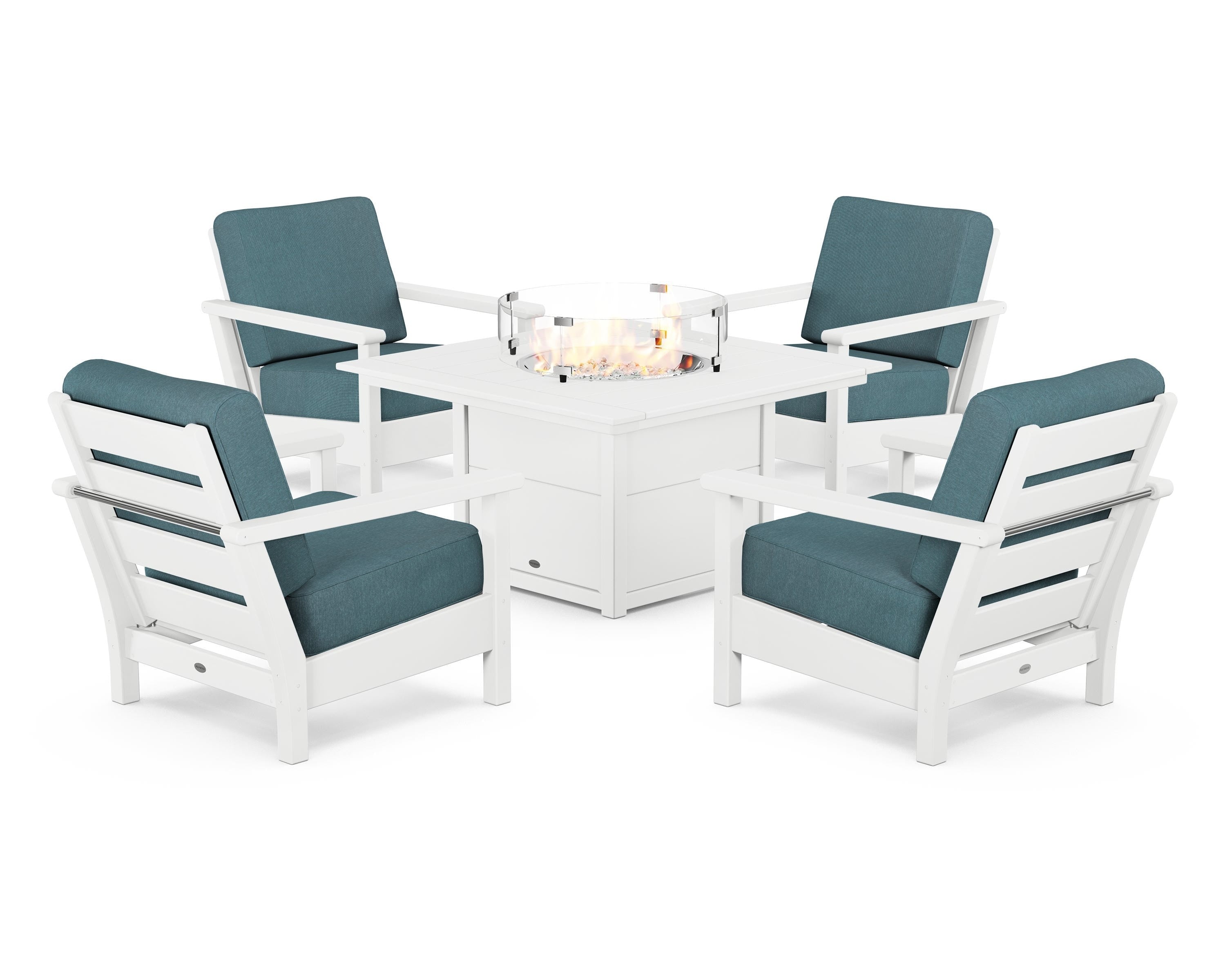 POLYWOOD Harbour 5-Piece Conversation Set with Fire Pit Table in White / Ocean Teal