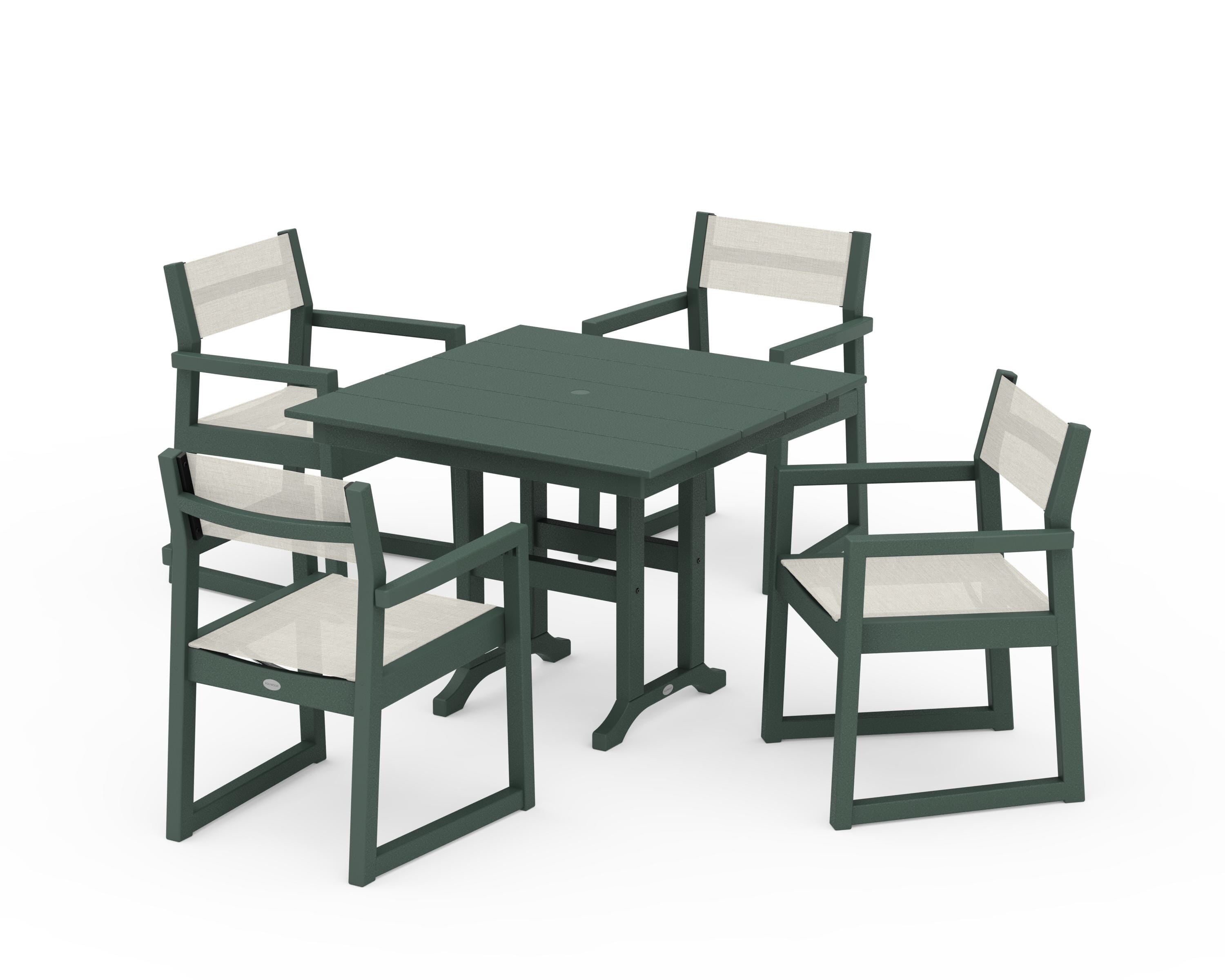POLYWOOD EDGE Sling Arm Chair 5-Piece Farmhouse Dining Set in Green / Parchment Sling