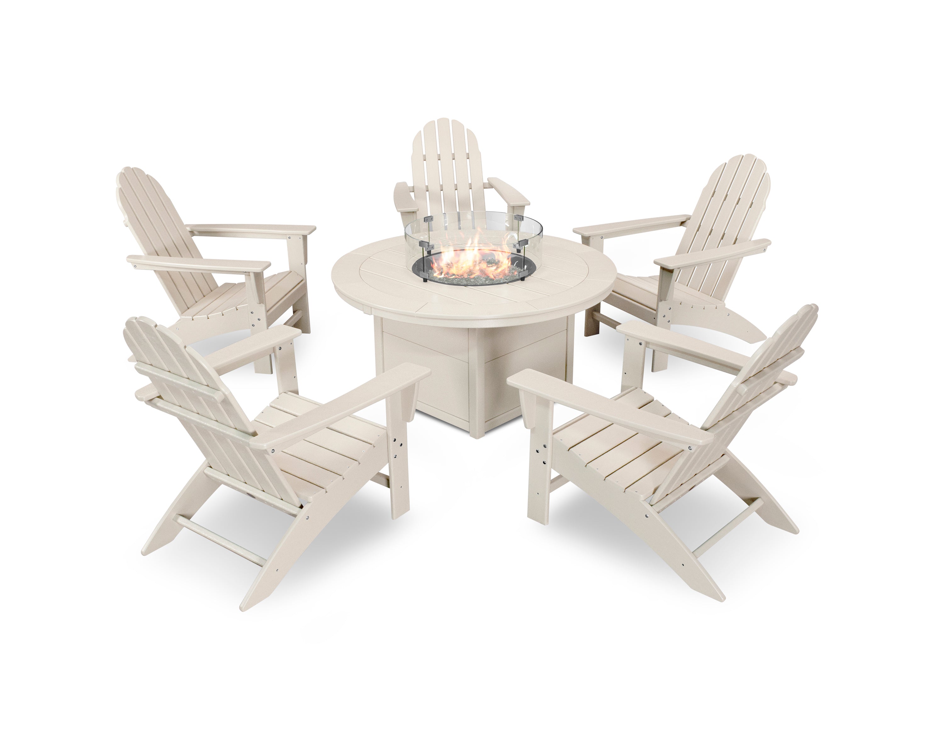 POLYWOOD Vineyard Adirondack 6-Piece Chat Set with Fire Pit Table in Sand