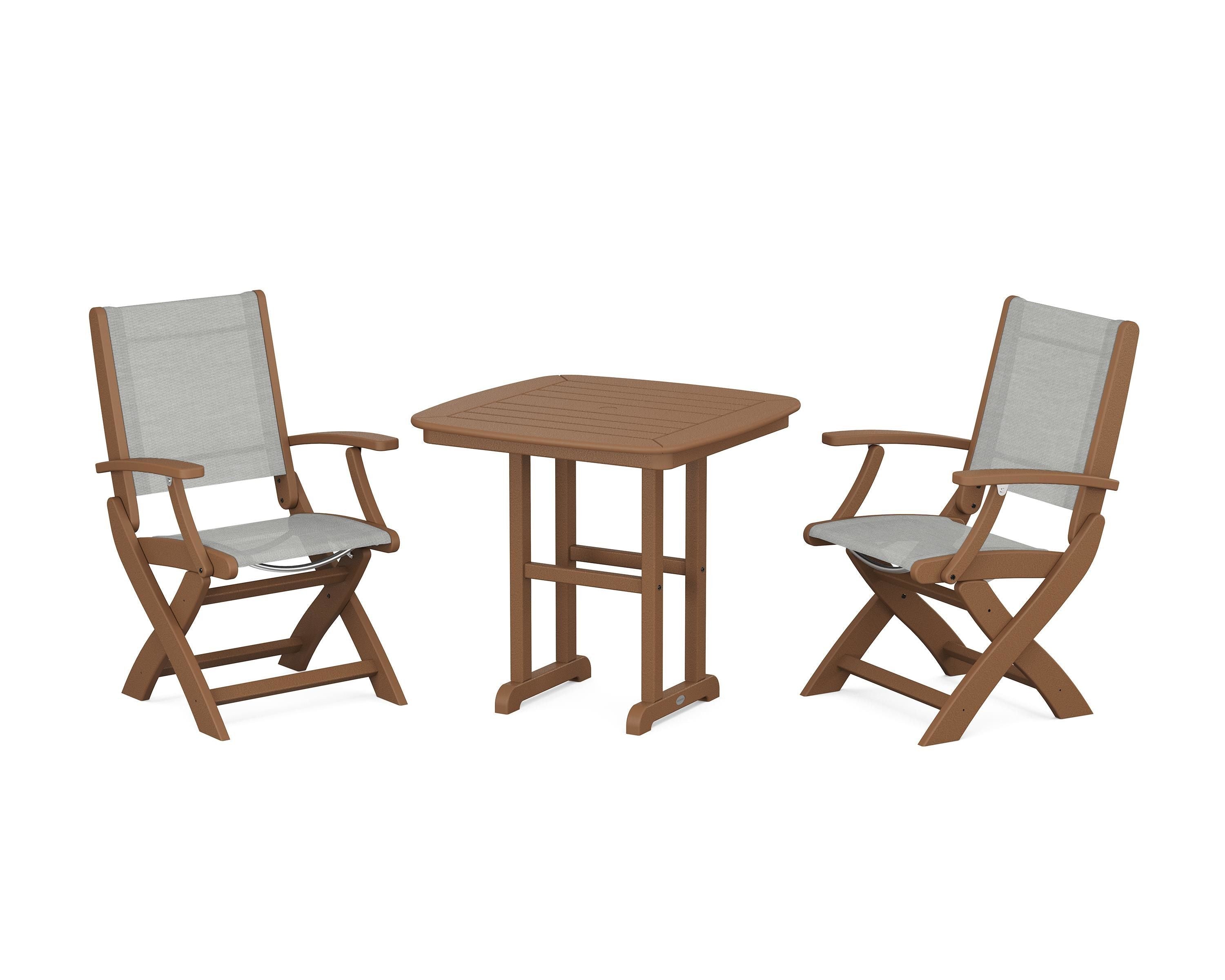 POLYWOOD Coastal Folding Chair 3-Piece Dining Set in Teak / Metallic Sling