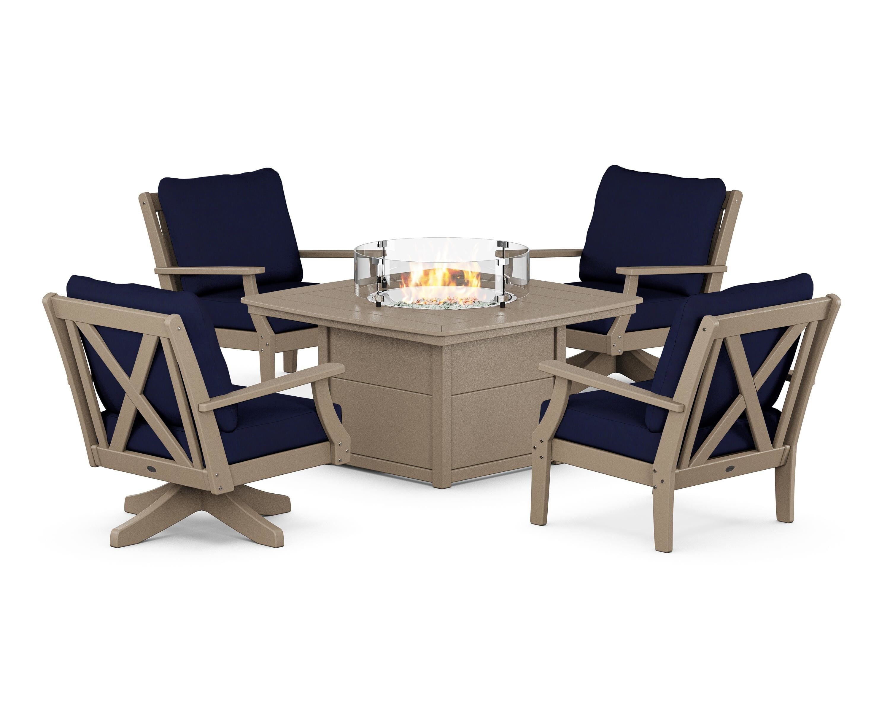 POLYWOOD Braxton 5-Piece Deep Seating Set with Fire Table in Sand / Navy