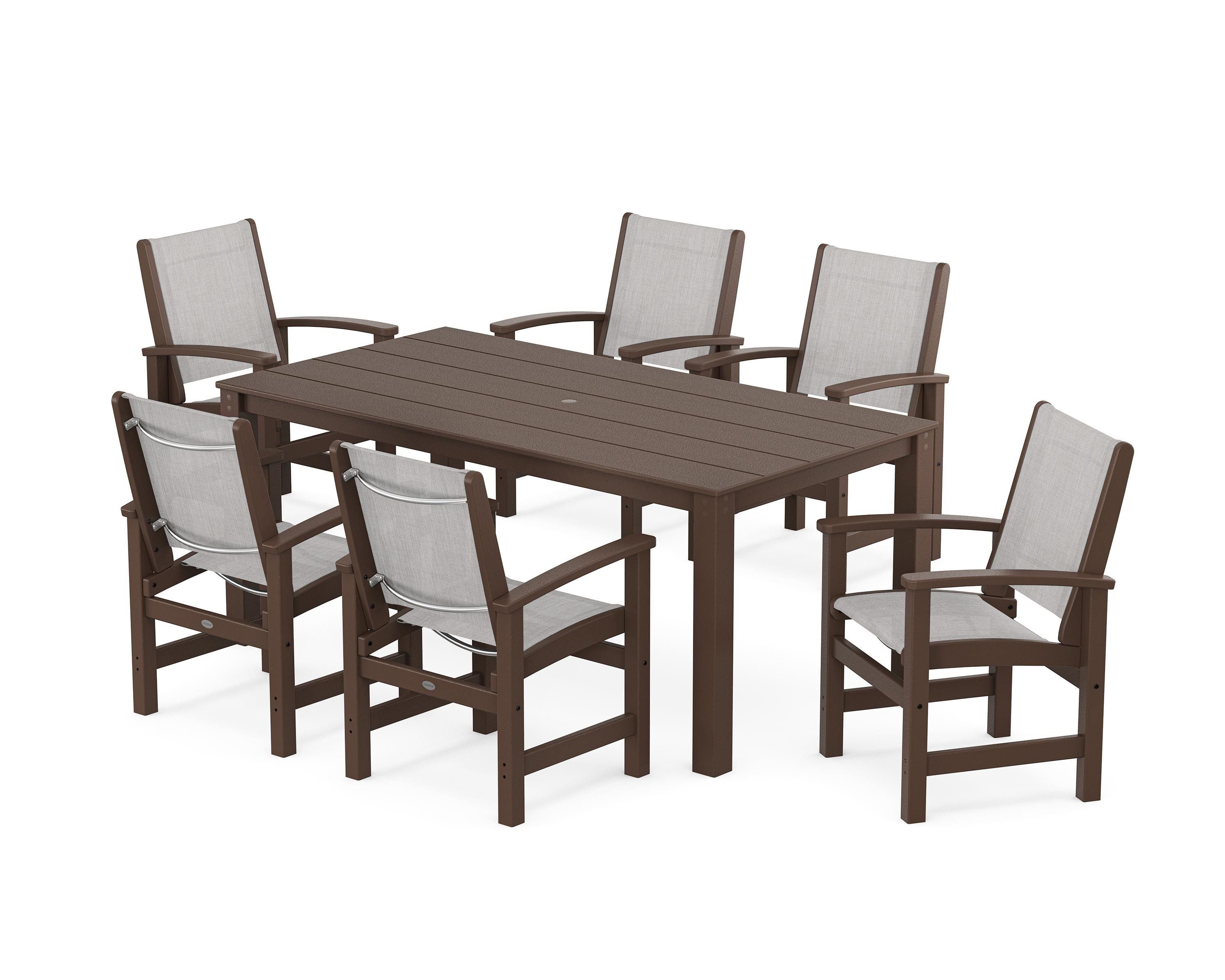 POLYWOOD Coastal 7-Piece Parsons Dining Set in Mahogany / Parchment Sling