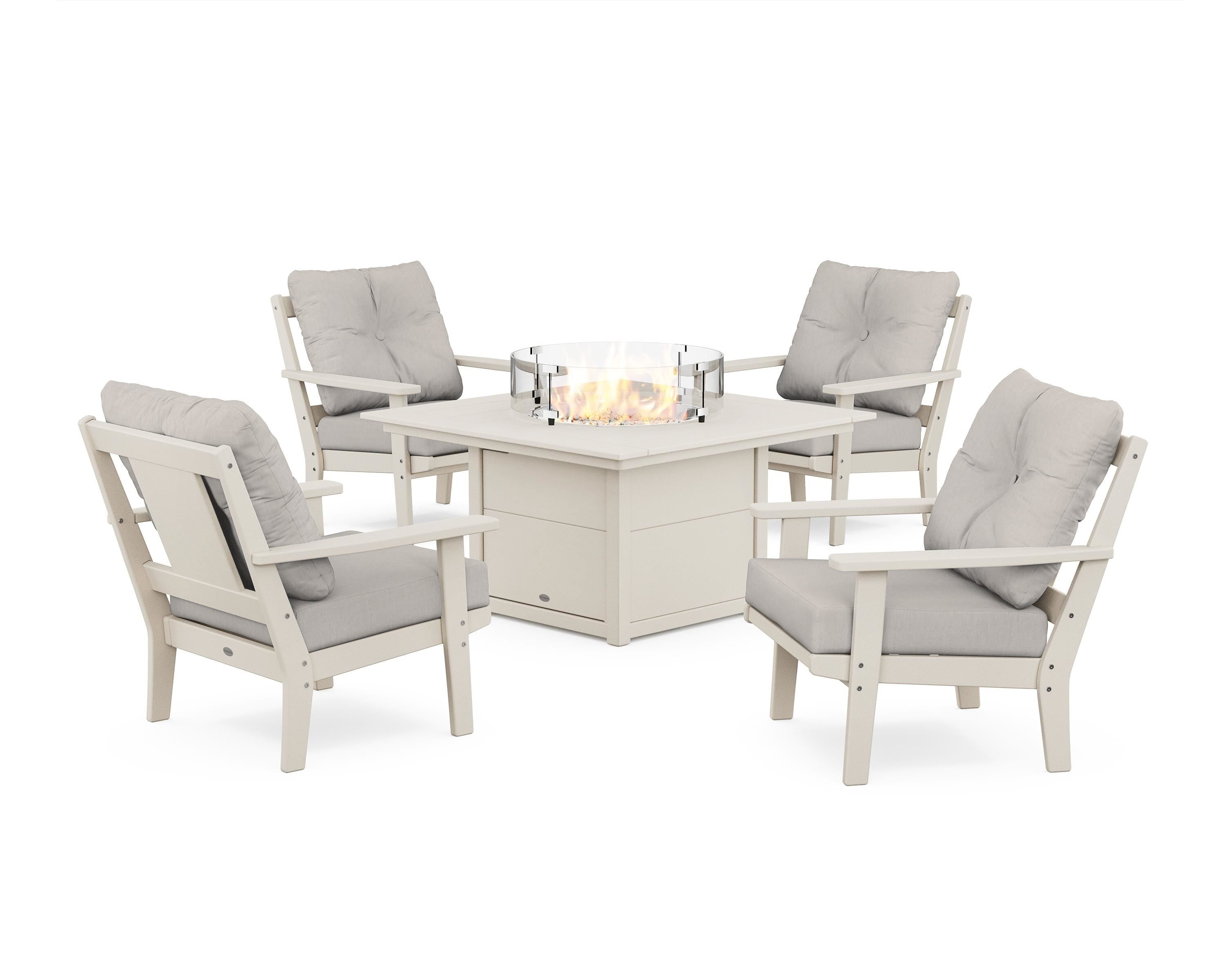 POLYWOOD Prairie 5-Piece Deep Seating Set with Fire Pit Table in Sand / Cast Ash