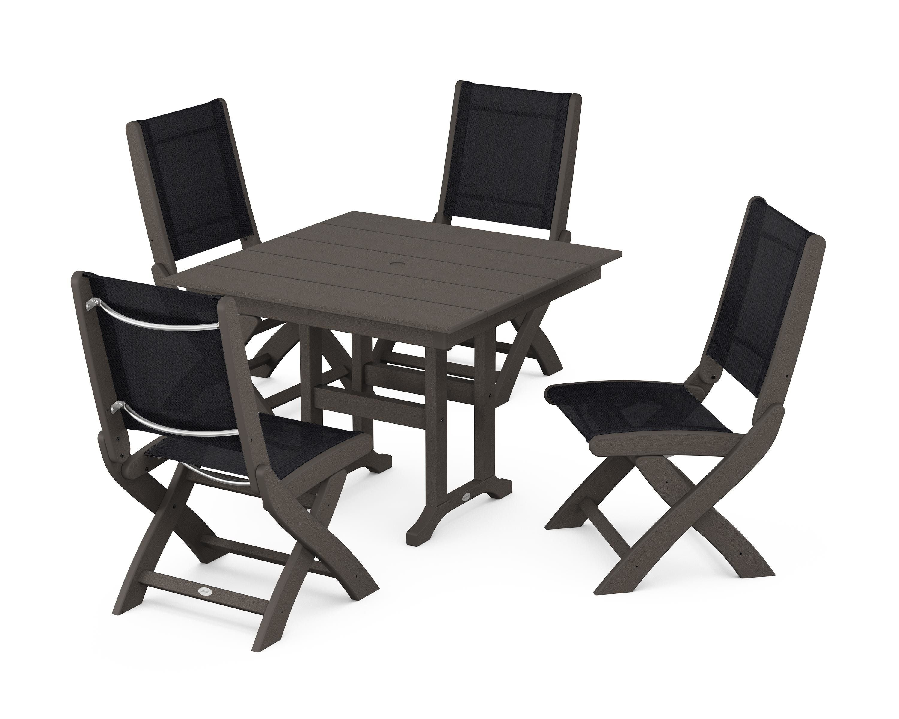 POLYWOOD Coastal Folding Side Chair 5-Piece Farmhouse Dining Set in Vintage Coffee / Black Sling