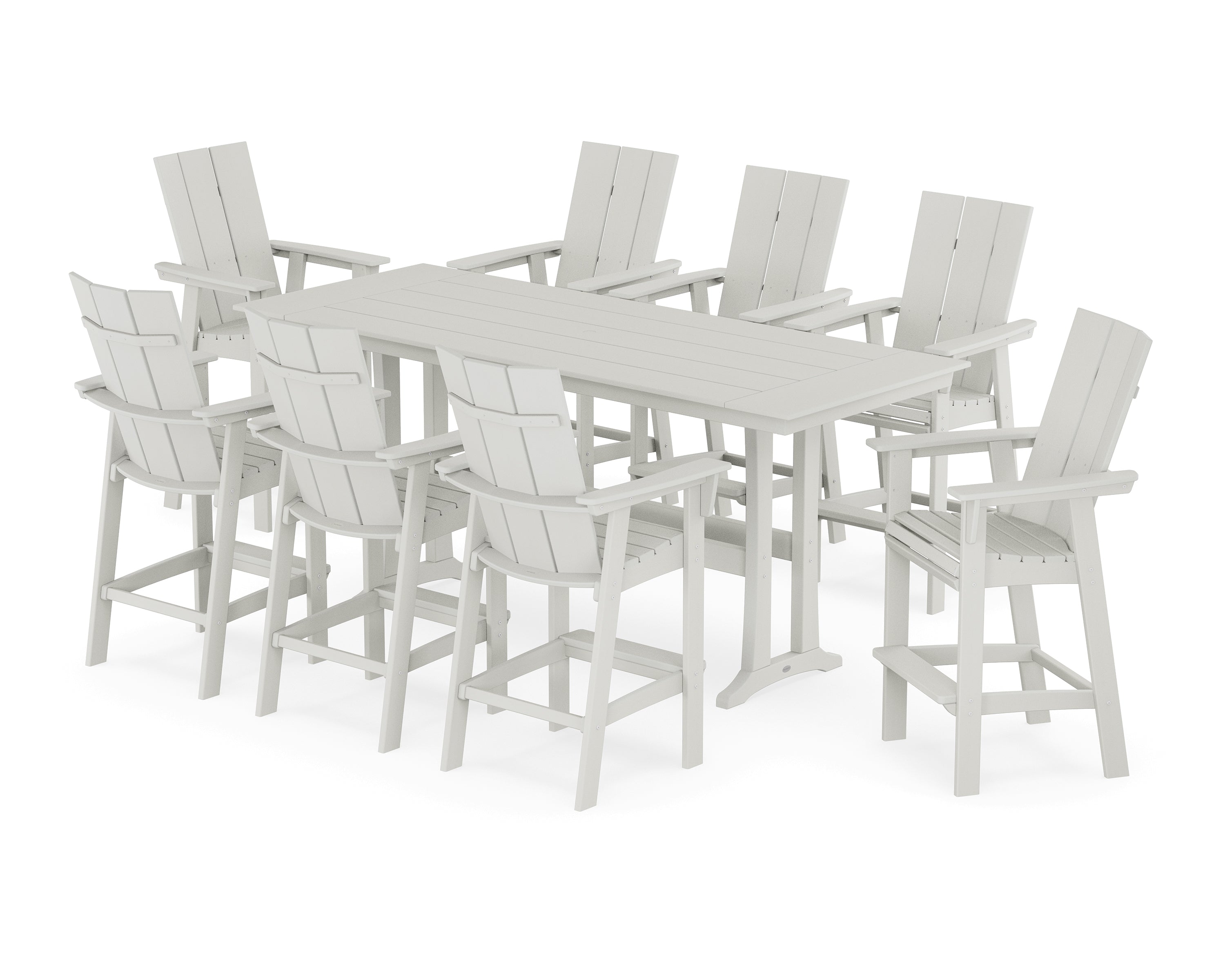 POLYWOOD® Modern Curveback Adirondack 9-Piece Farmhouse Bar Set with Trestle Legs in Vintage White