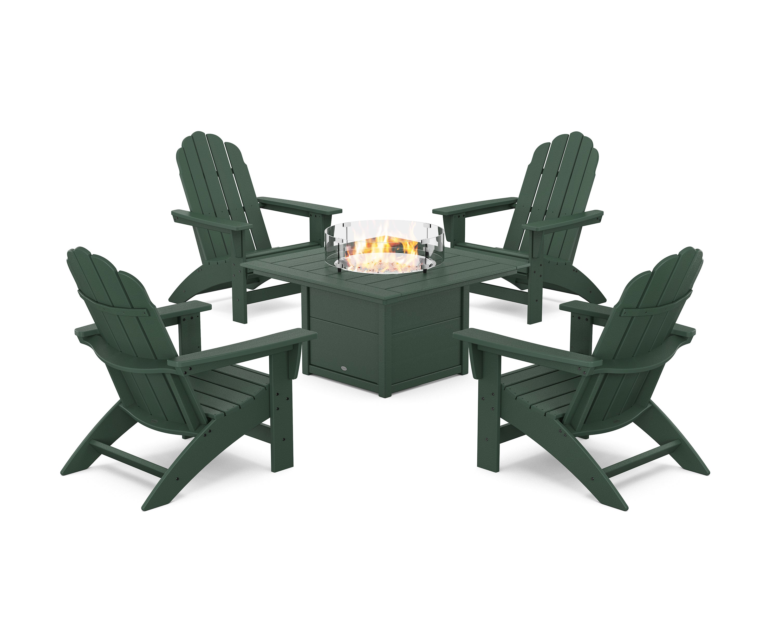 POLYWOOD 5-Piece Vineyard Grand Adirondack Conversation Set with Fire Pit Table in Green