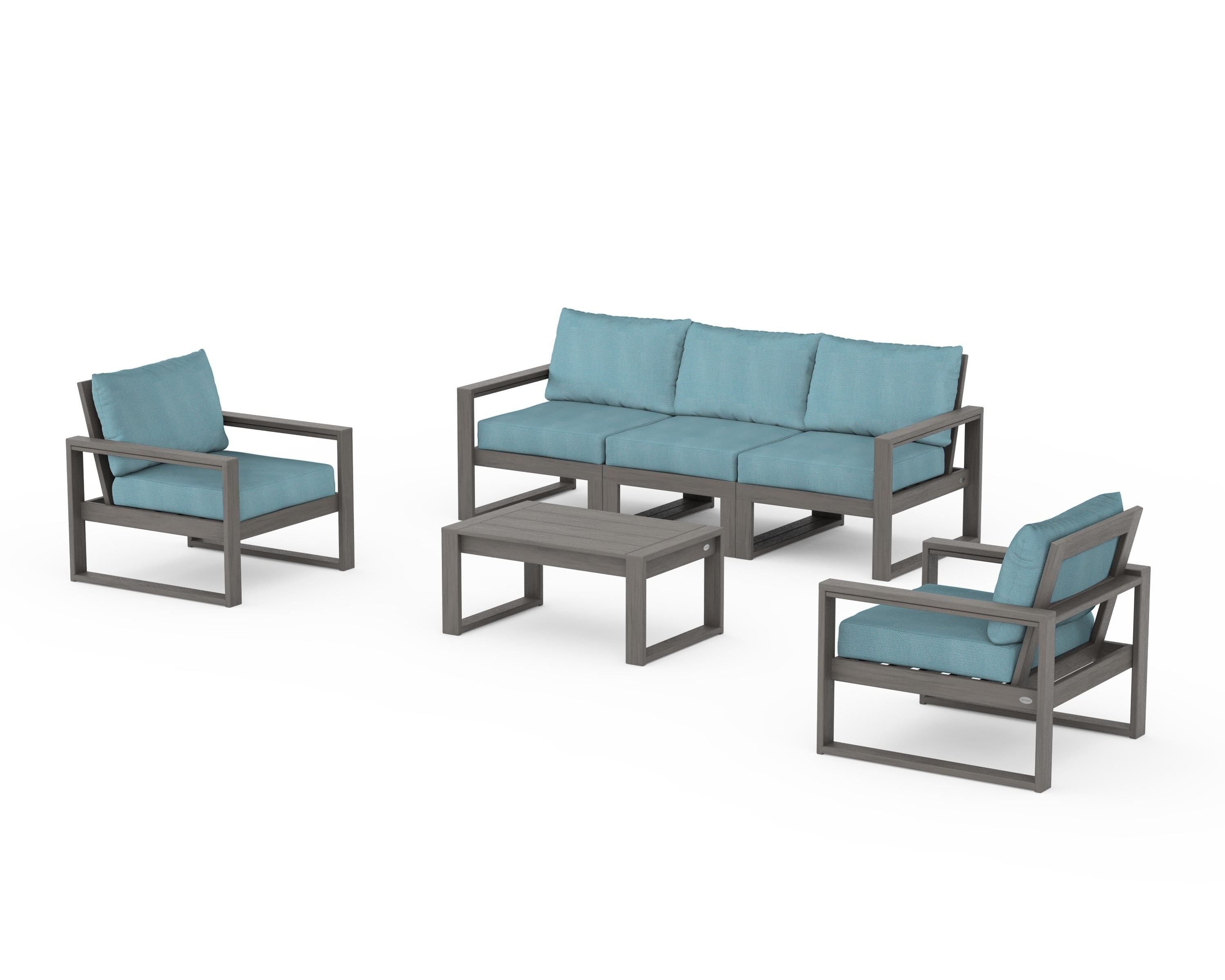 POLYWOOD EDGE Sectional 4-Piece Deep Seating Set with Sofa in Driftwood / Lattice Sky Blue