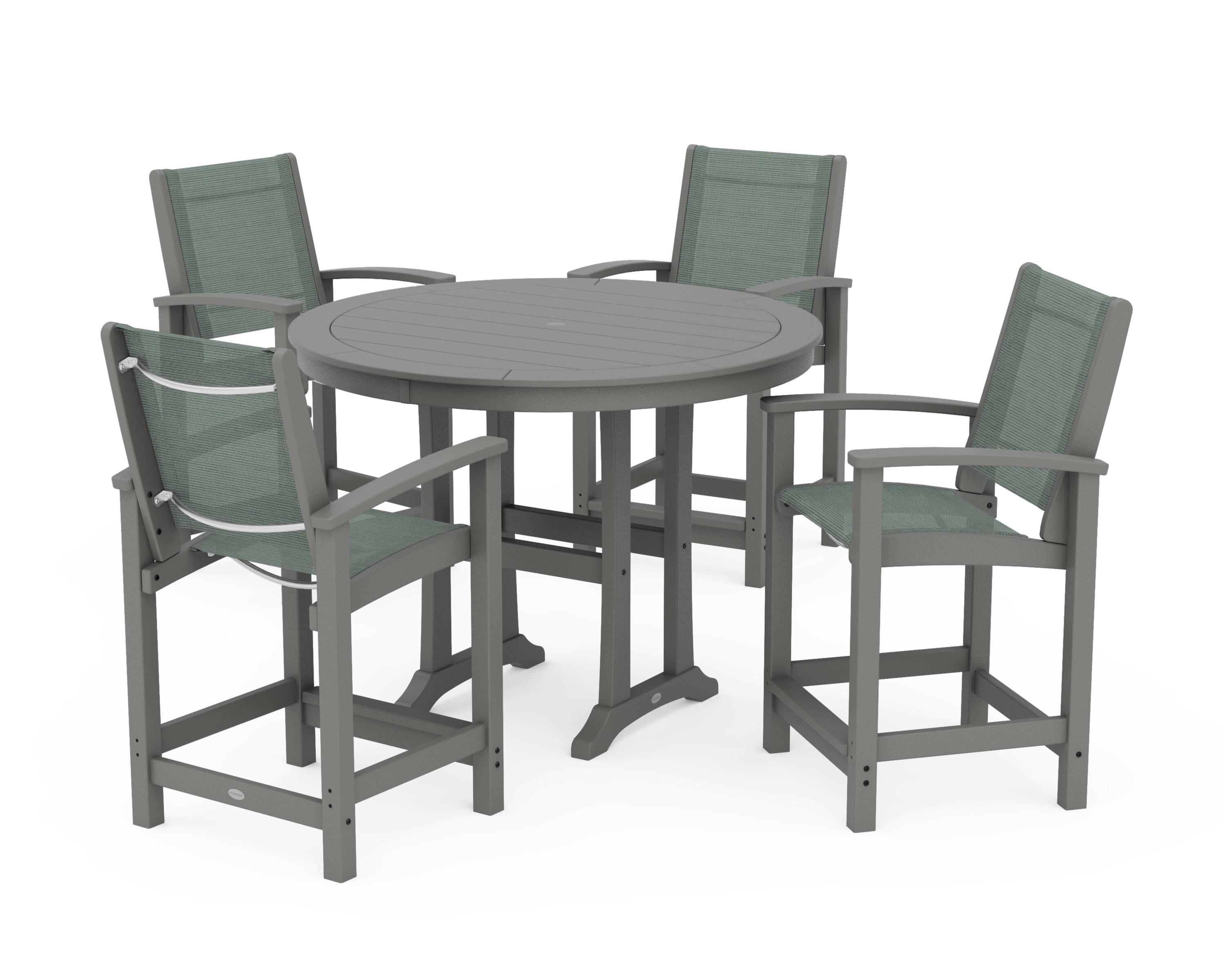 POLYWOOD Coastal 5-Piece Counter Set in Slate Grey / Dupioni Sea Mist Sling