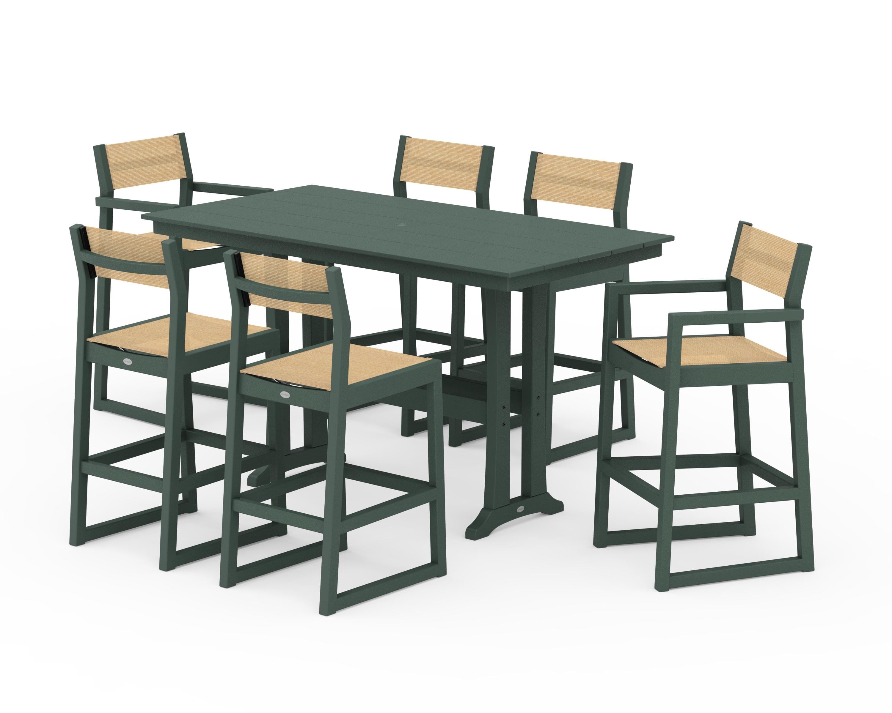 POLYWOOD EDGE Sling 7-Piece Farmhouse Bar Set with Trestle Legs in Green / Dupioni Apricot Sling