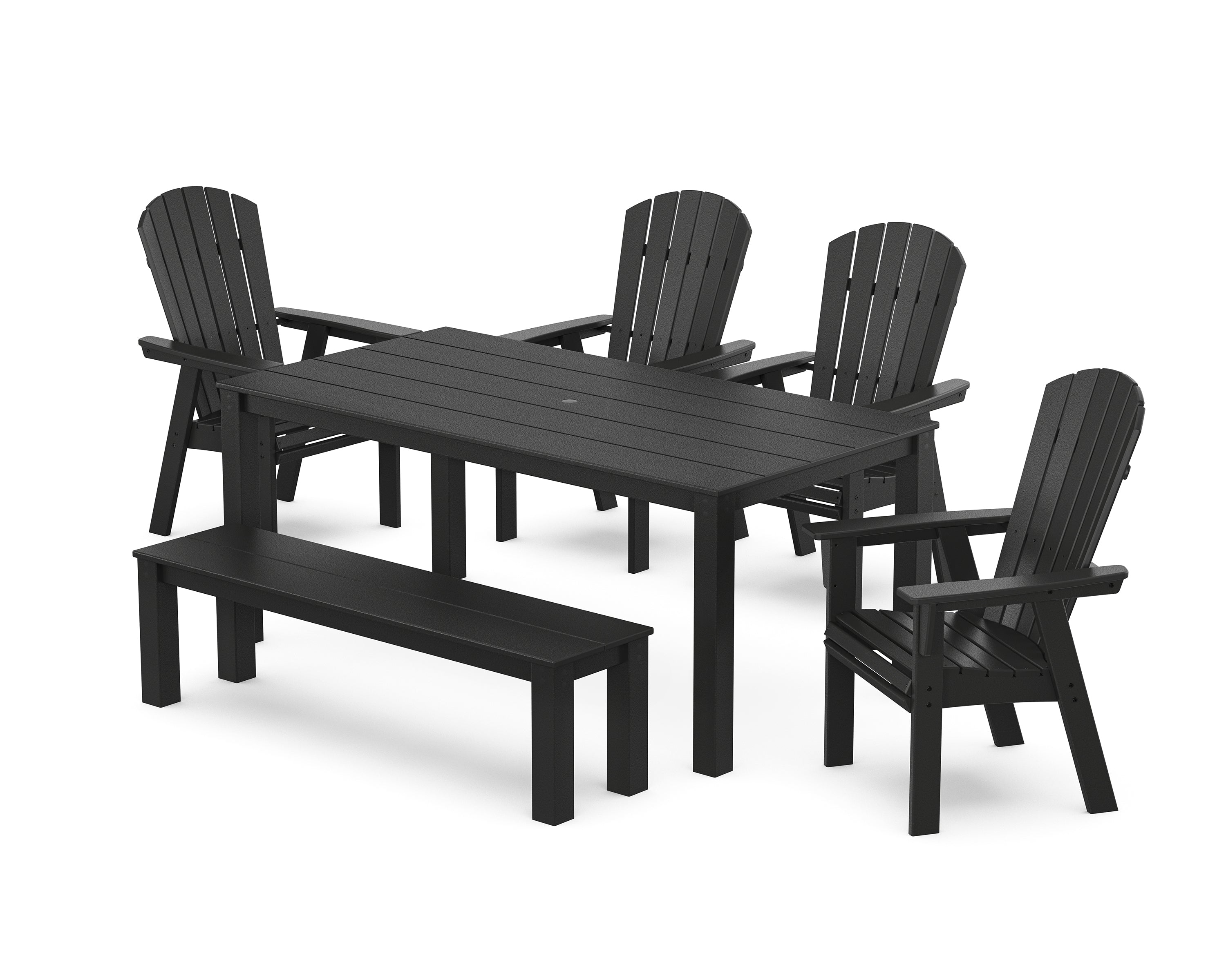 POLYWOOD Nautical Curveback Adirondack 6-Piece Parsons Dining Set with Bench in Black