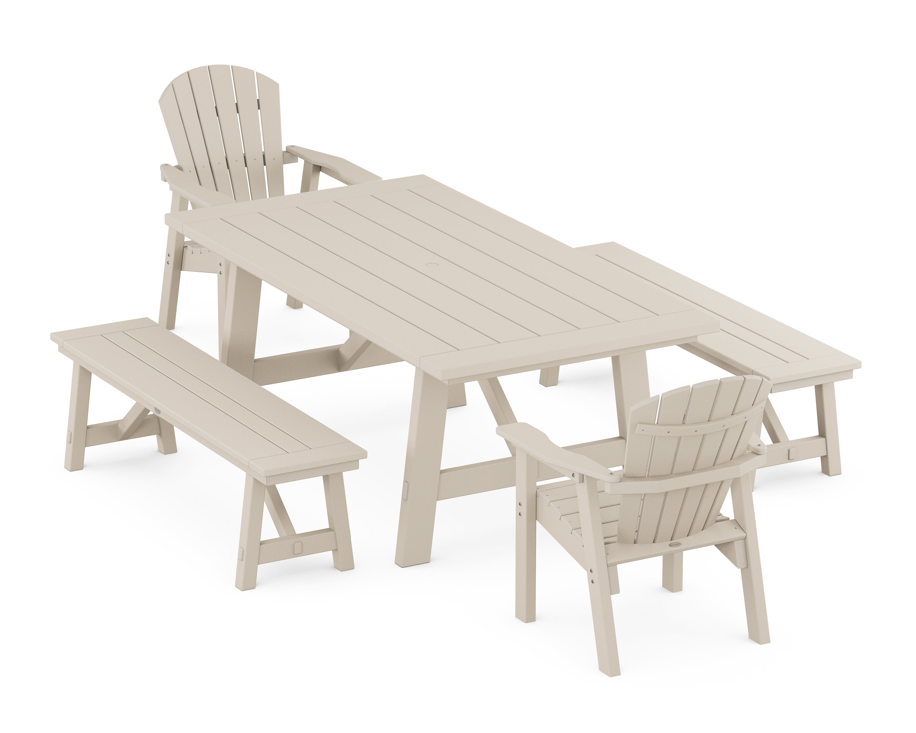 POLYWOOD® Seashell 5-Piece Rustic Farmhouse Dining Set With Benches in Sand
