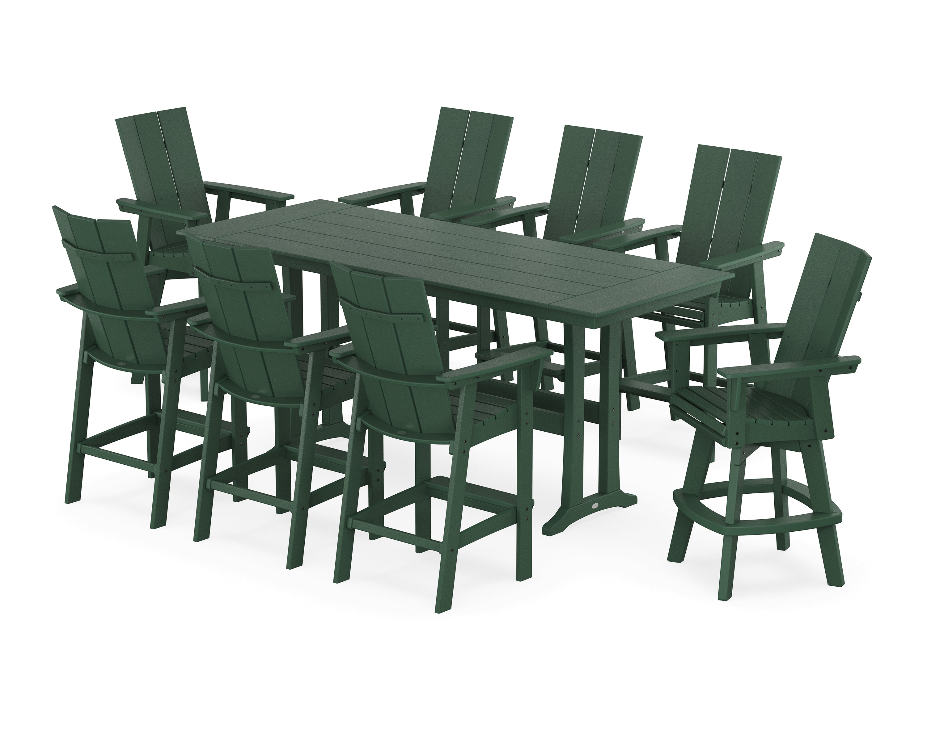 POLYWOOD® Modern Curveback Adirondack Swivel 9-Piece Farmhouse Bar Set with Trestle Legs in Green