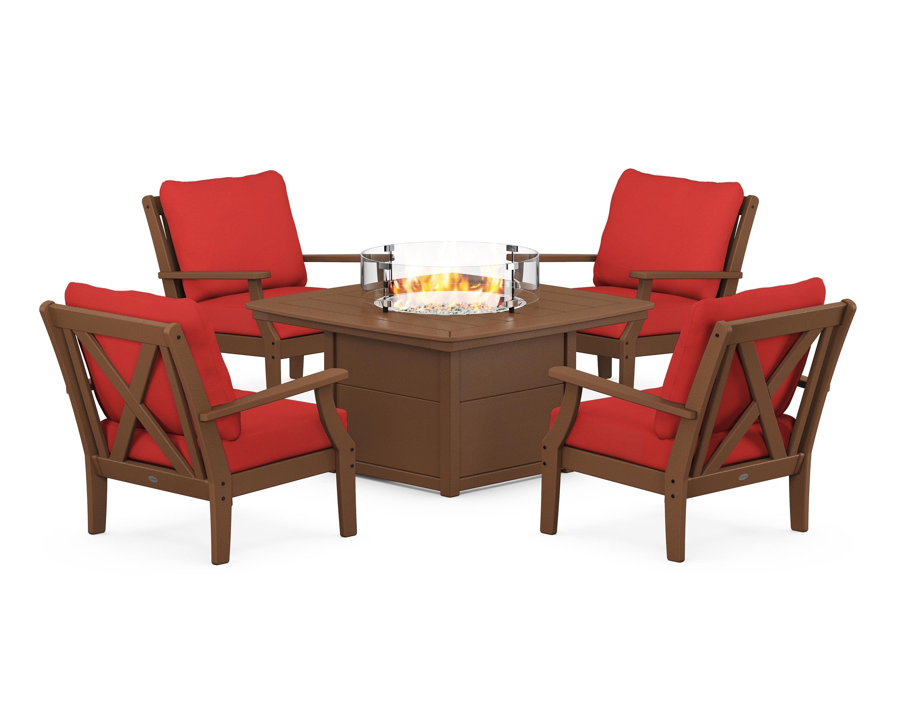 POLYWOOD Braxton 5-Piece Deep Seating Conversation Set with Fire Pit Table in Teak / Crimson Linen