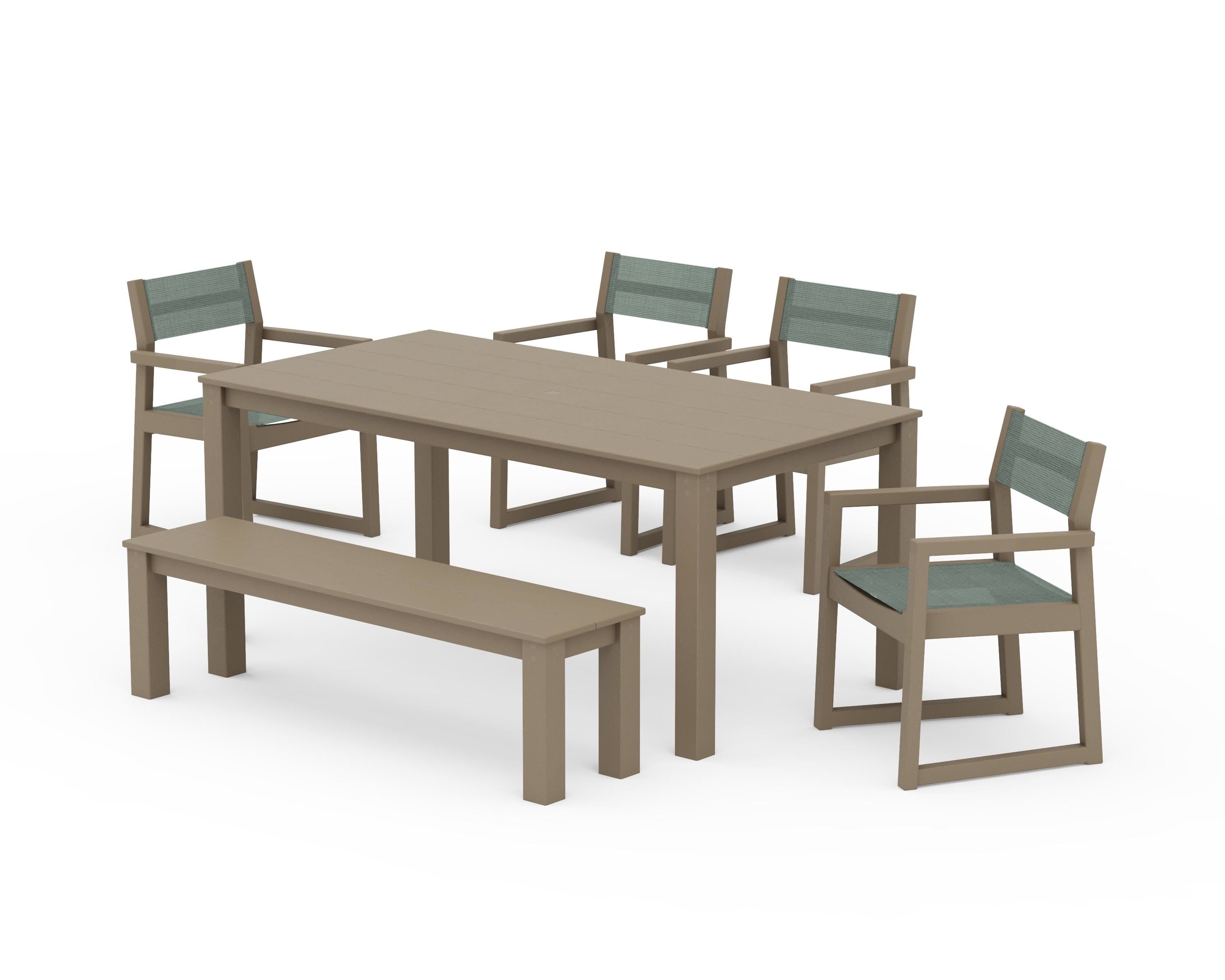 POLYWOOD EDGE Sling Arm Chair 6-Piece Parsons Dining Set with Bench in Vintage Sahara / Dupioni Sea Mist Sling