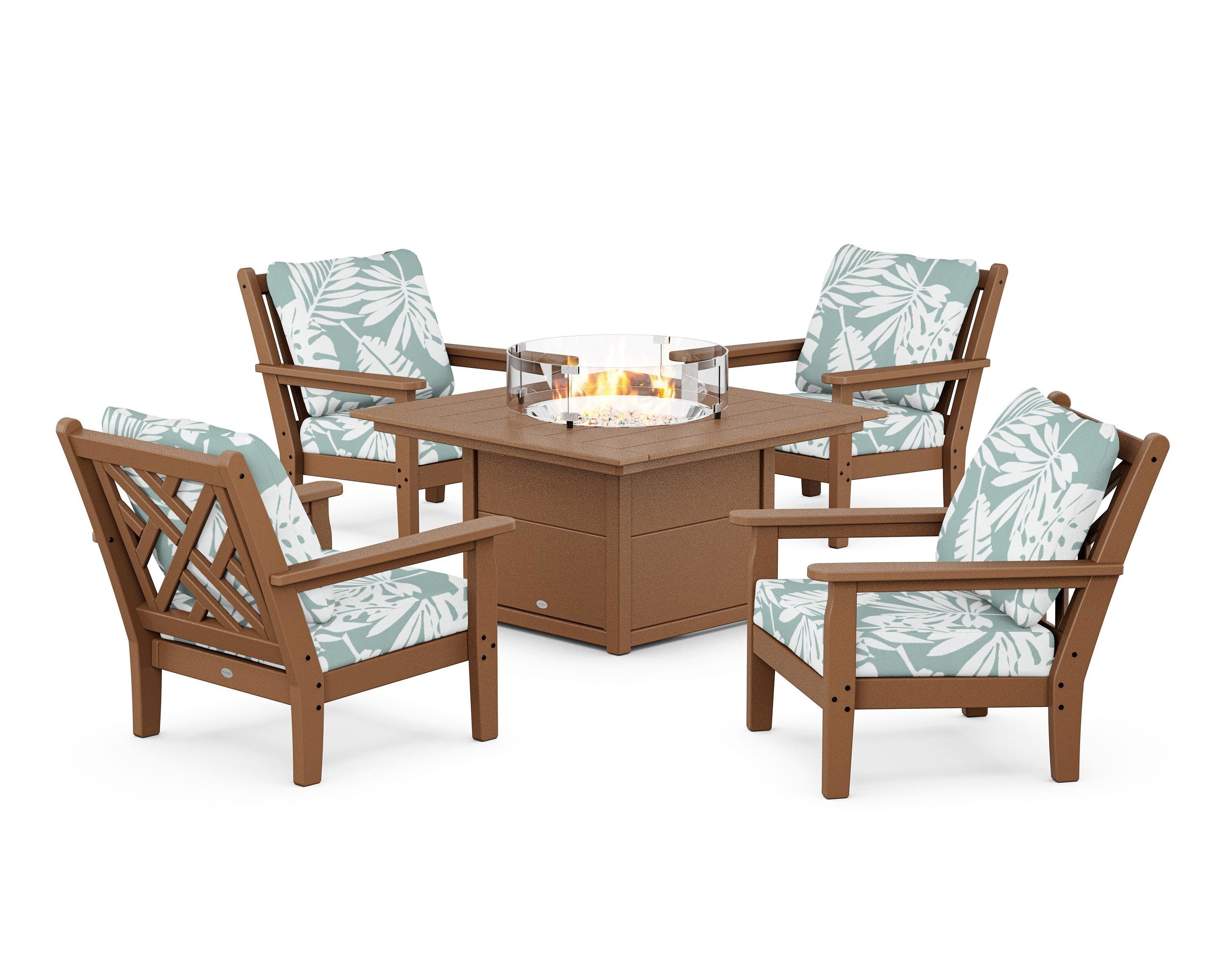 POLYWOOD Chippendale 5-Piece Deep Seating Set with Fire Pit Table in Teak / Leaf Glacier Spa