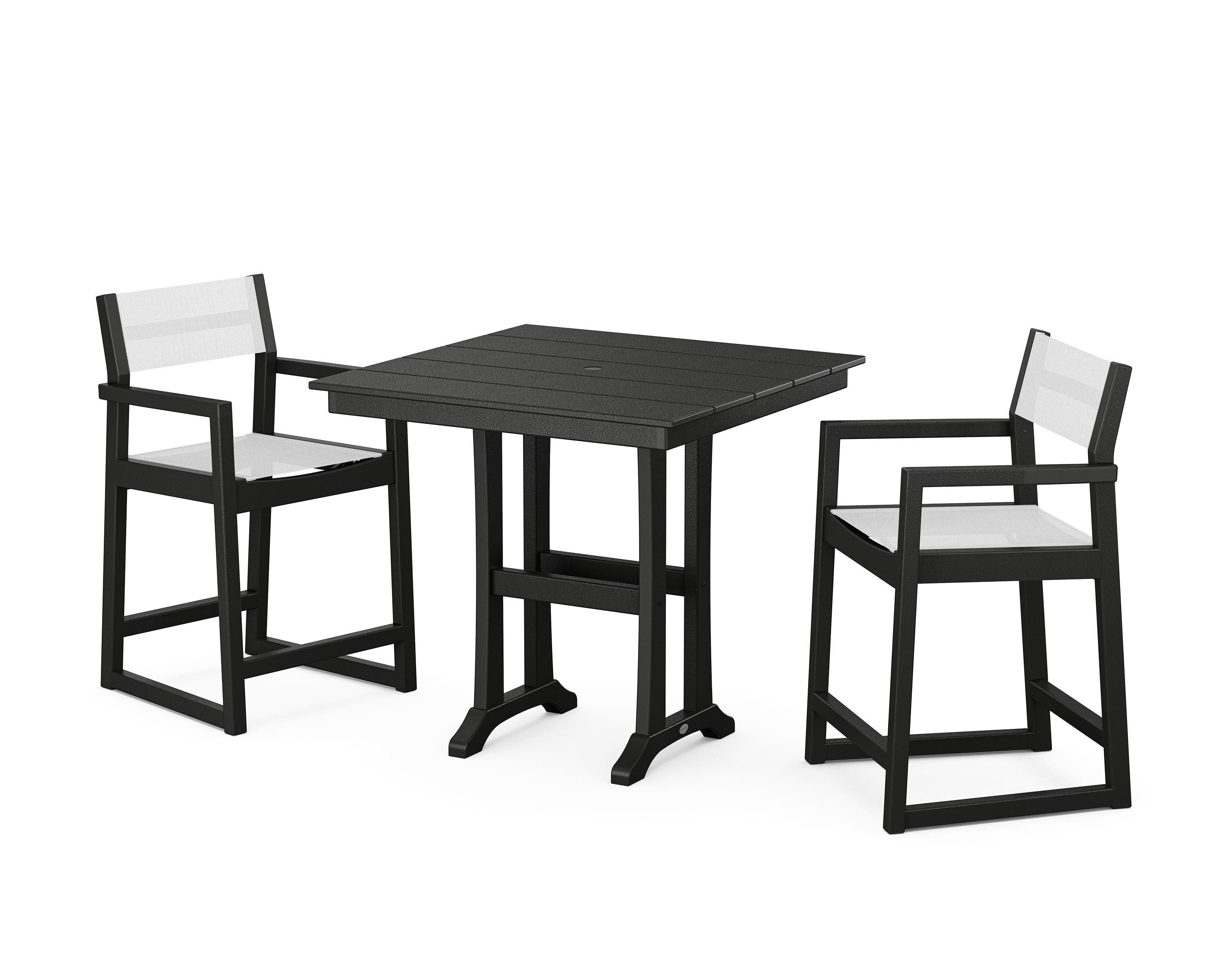 POLYWOOD EDGE Sling Arm Chair 3-Piece Farmhouse Counter Set with Trestle Legs in Black / White Sling