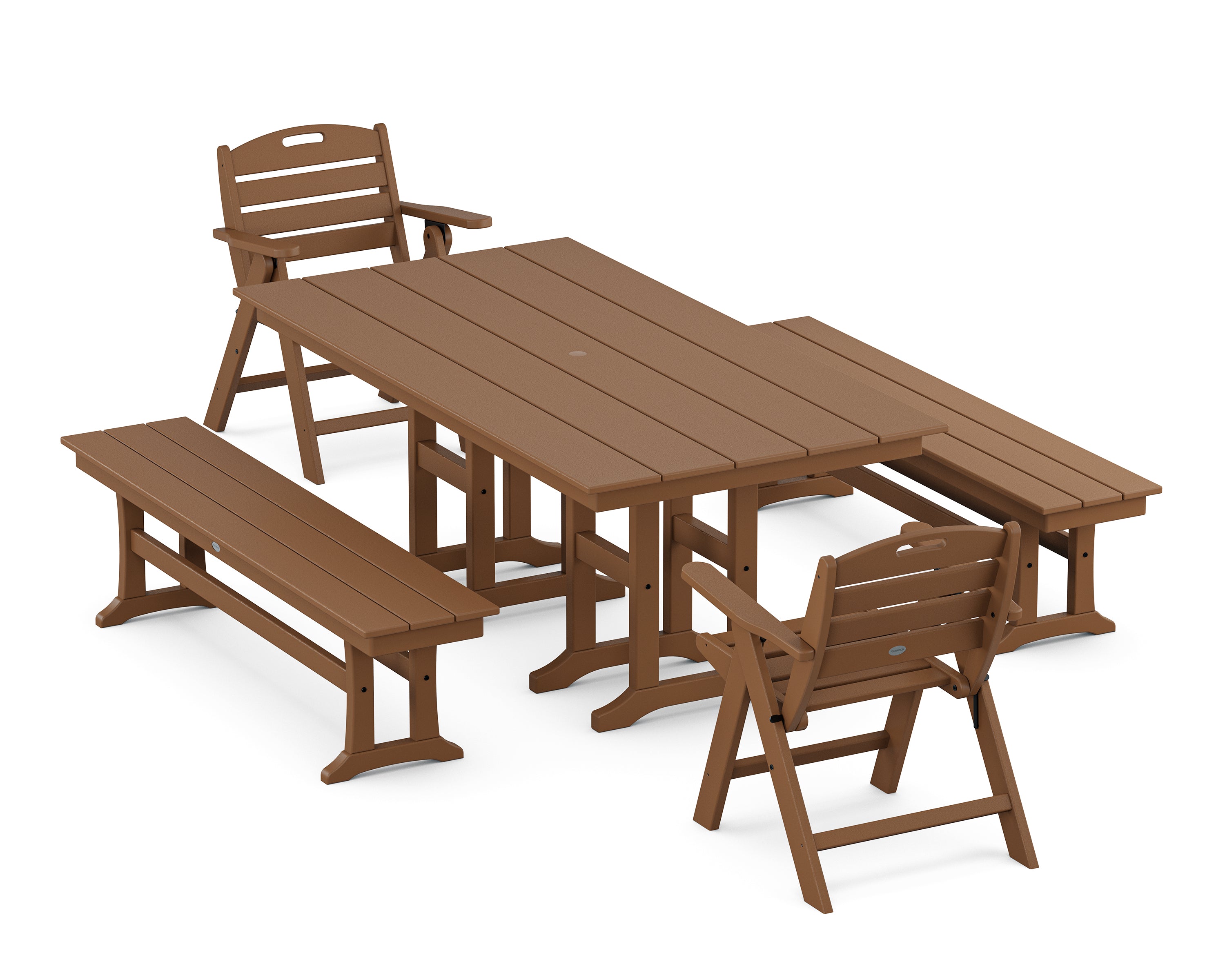 POLYWOOD Nautical Lowback 5-Piece Farmhouse Dining Set with Benches in Teak
