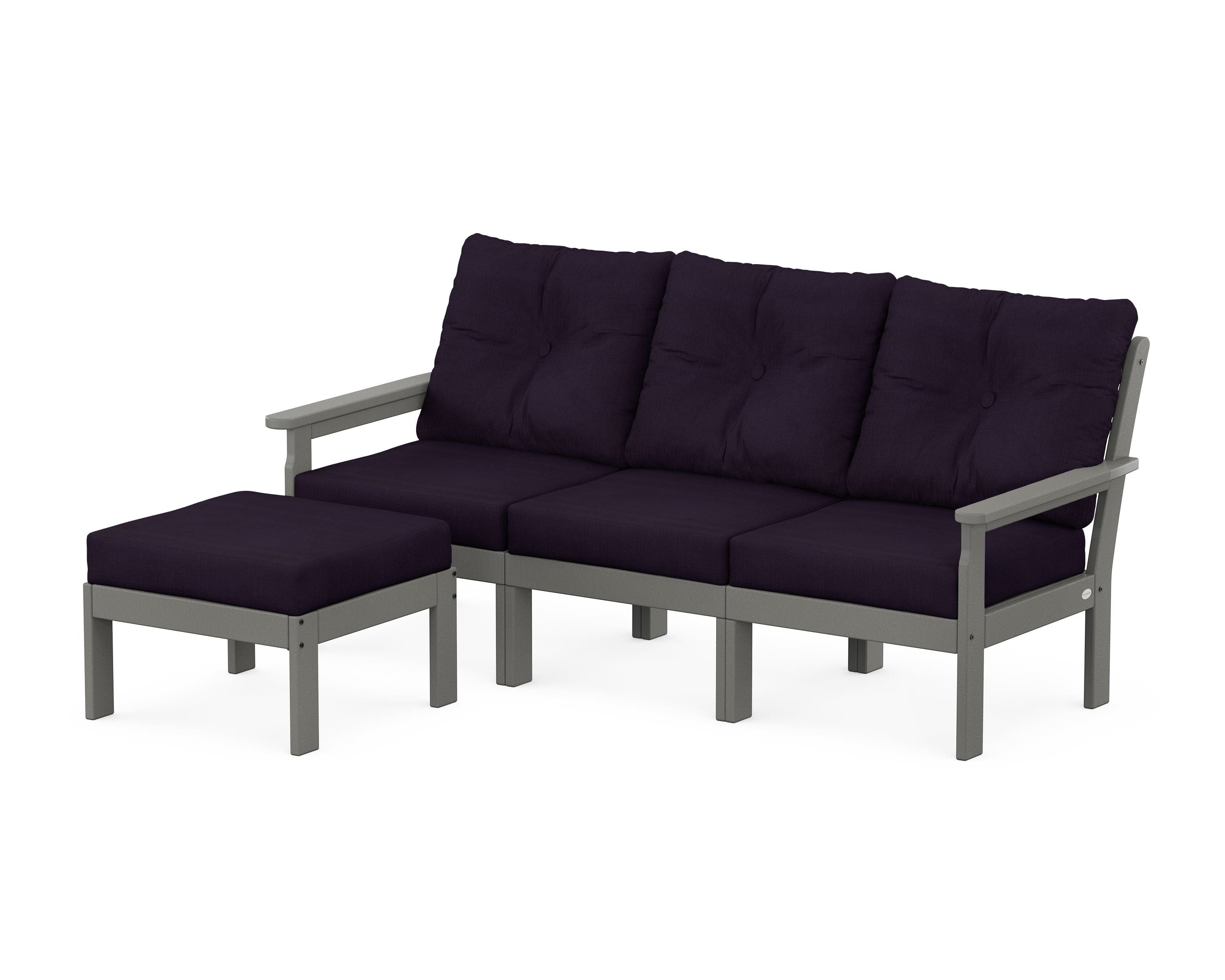 POLYWOOD Vineyard 4-Piece Sectional with Ottoman in Slate Grey / Navy Linen