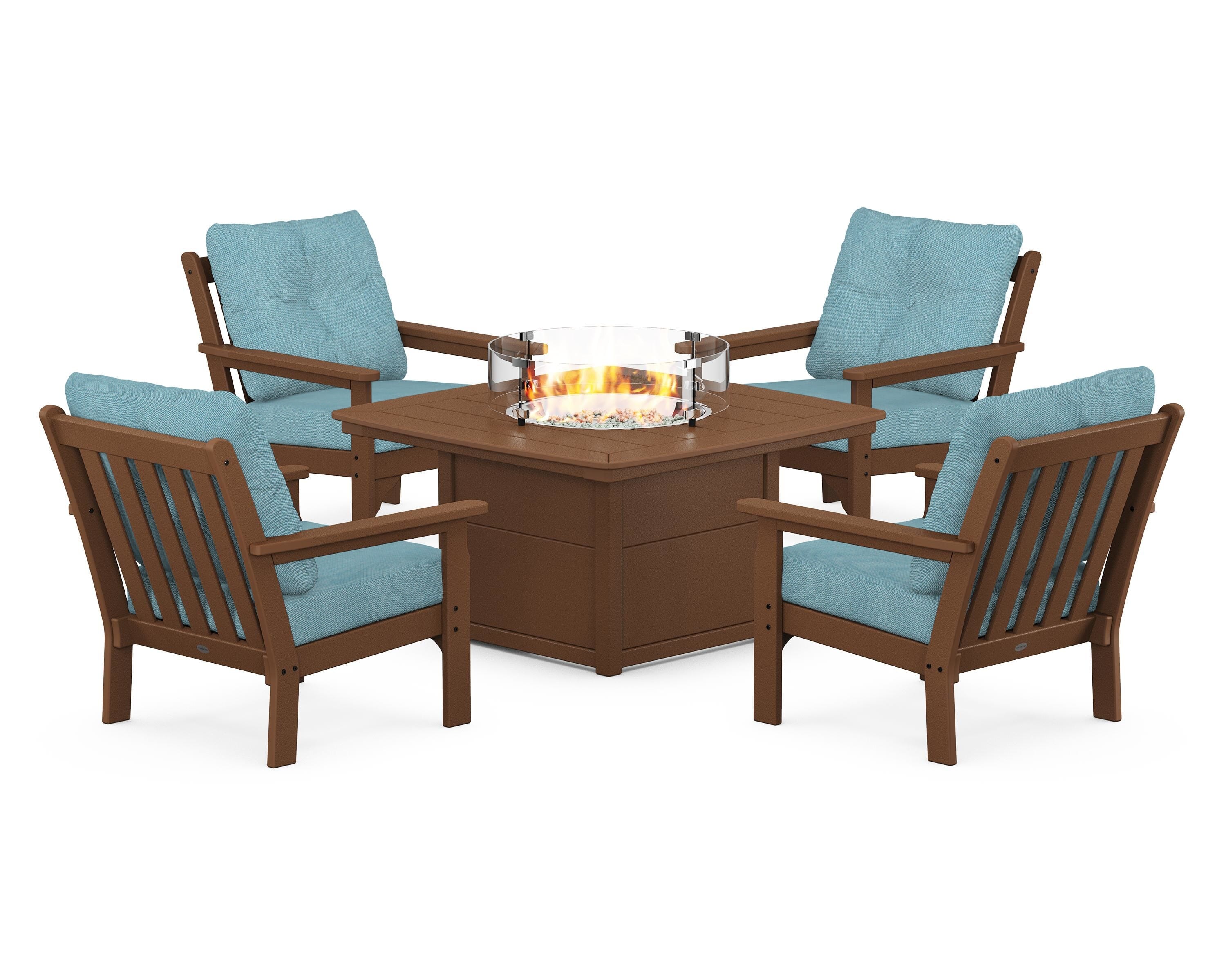 POLYWOOD Vineyard 5-Piece Conversation Set with Fire Pit Table in Teak / Lattice Sky Blue