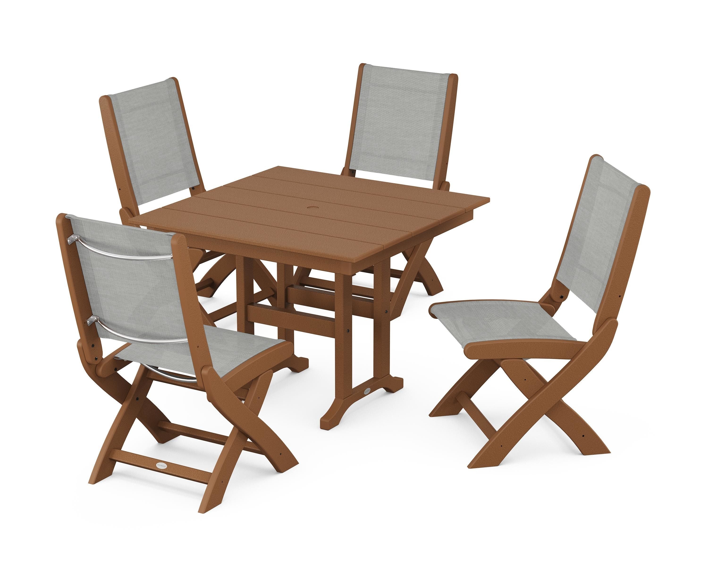 POLYWOOD Coastal Folding Side Chair 5-Piece Farmhouse Dining Set in Teak / Metallic Sling