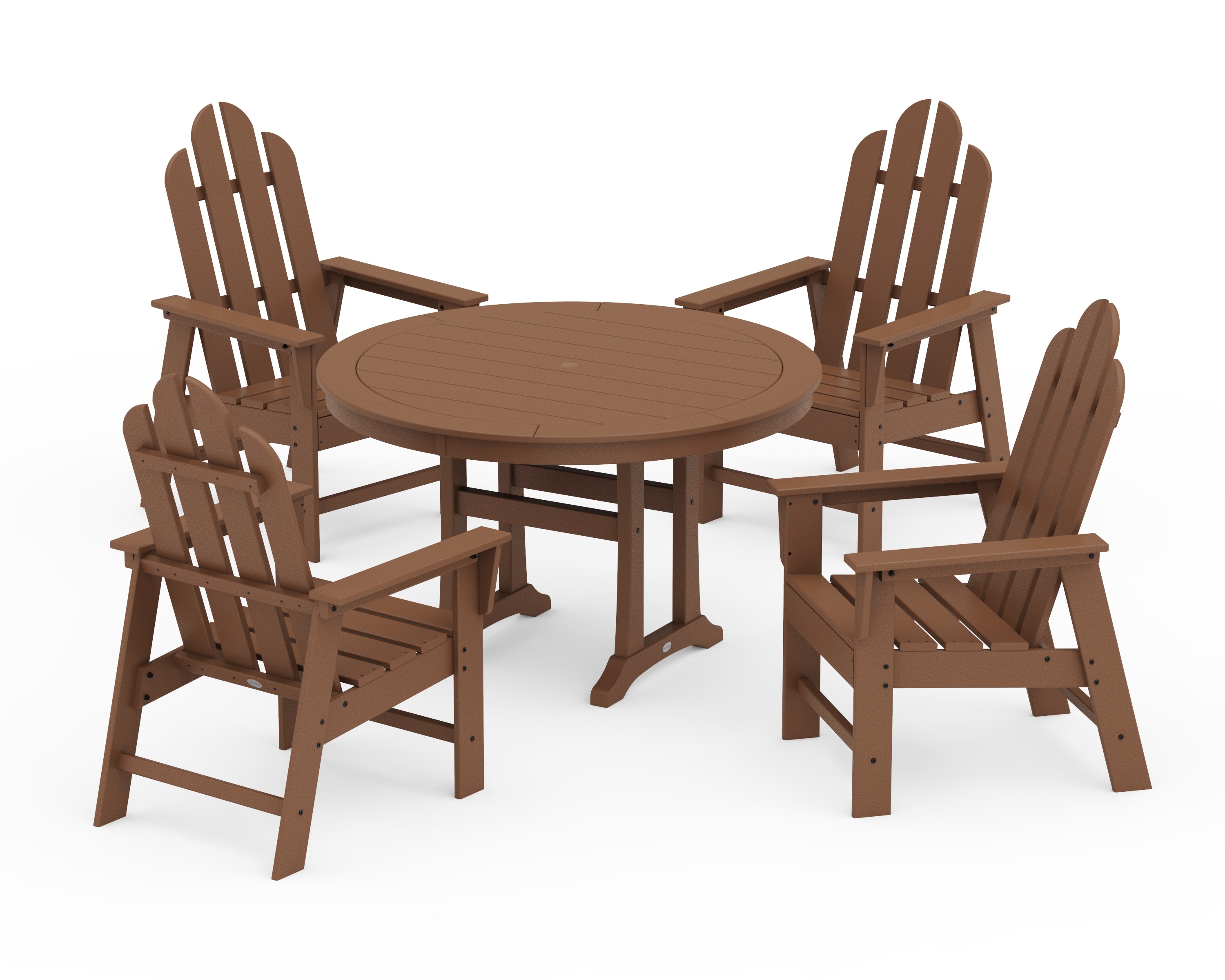 POLYWOOD Long Island 5-Piece Round Dining Set with Trestle Legs in Teak
