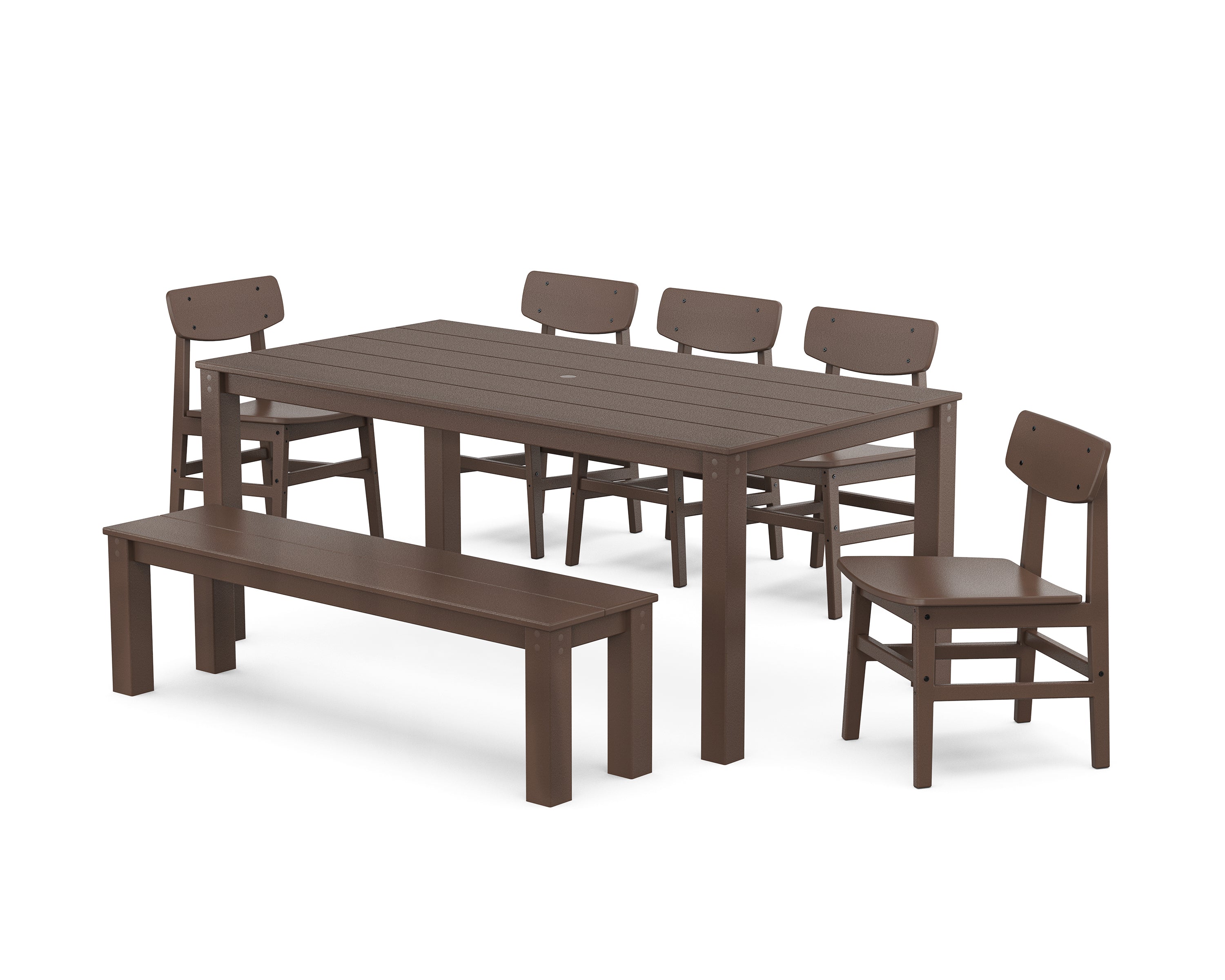 POLYWOOD Modern Studio Urban Chair 7-Piece Parsons Dining Set with Bench in Mahogany