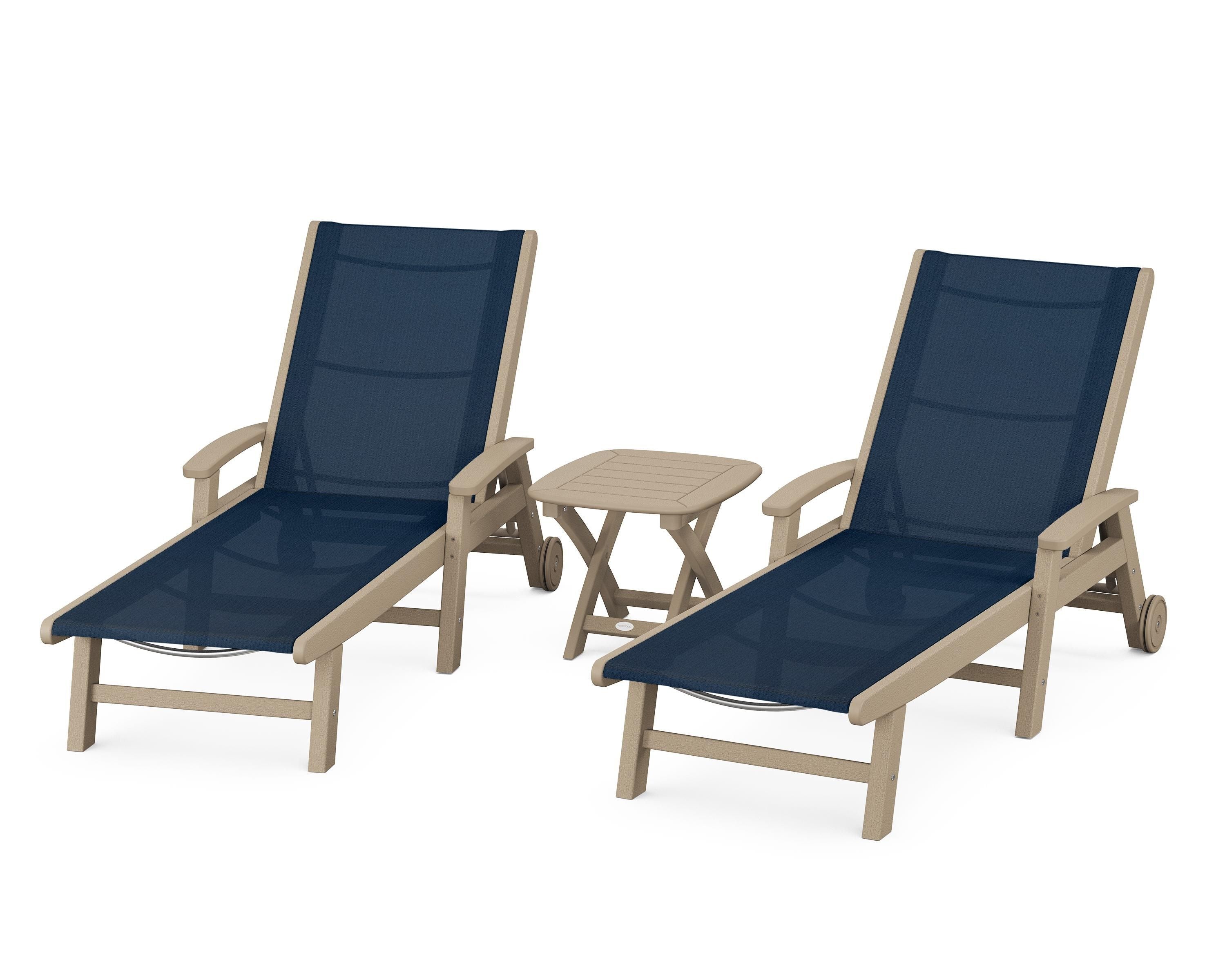 POLYWOOD Coastal 3-Piece Wheeled Chaise Set in Vintage Sahara / Navy Blue Sling