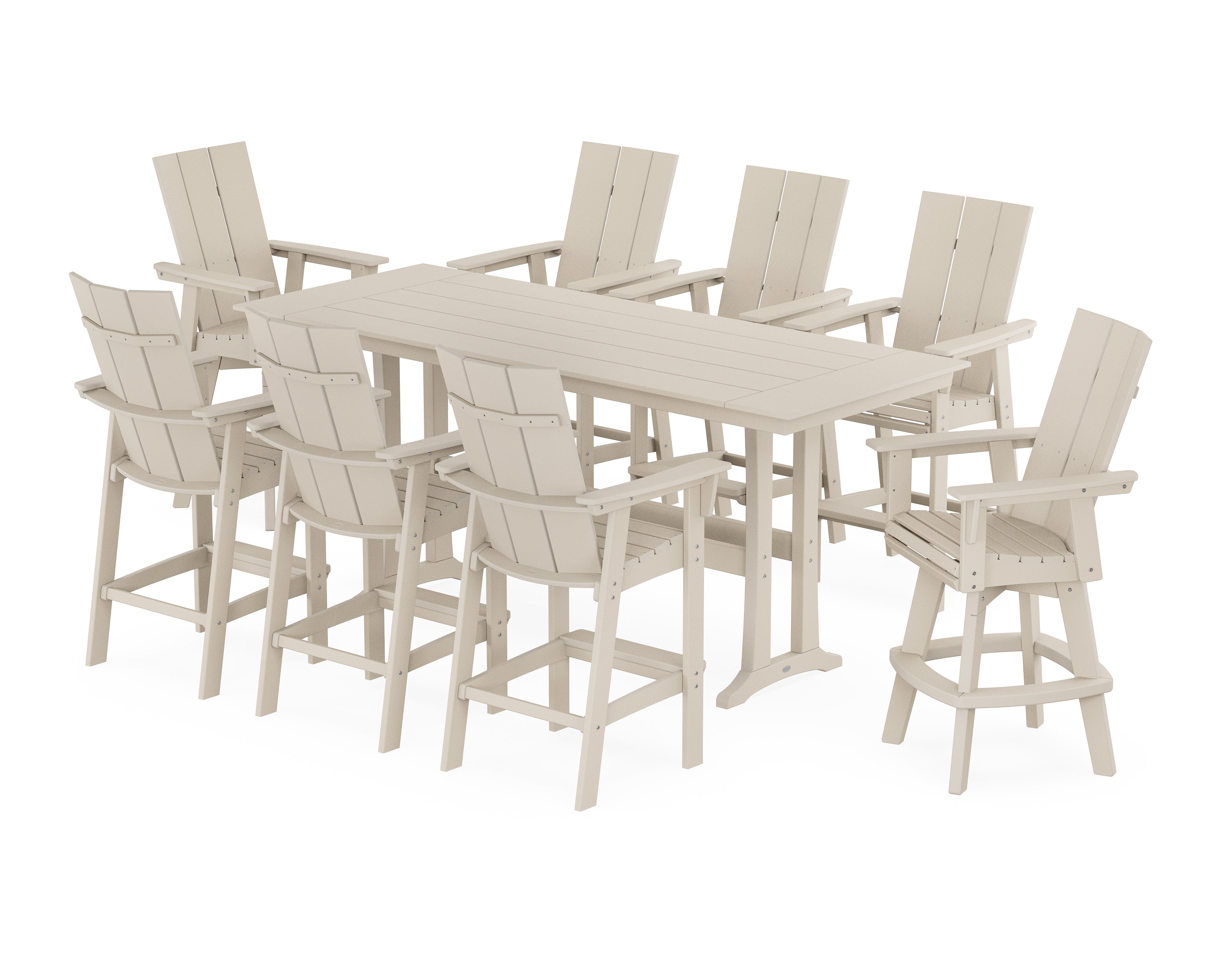 POLYWOOD® Modern Curveback Adirondack Swivel 9-Piece Farmhouse Bar Set with Trestle Legs in Sand