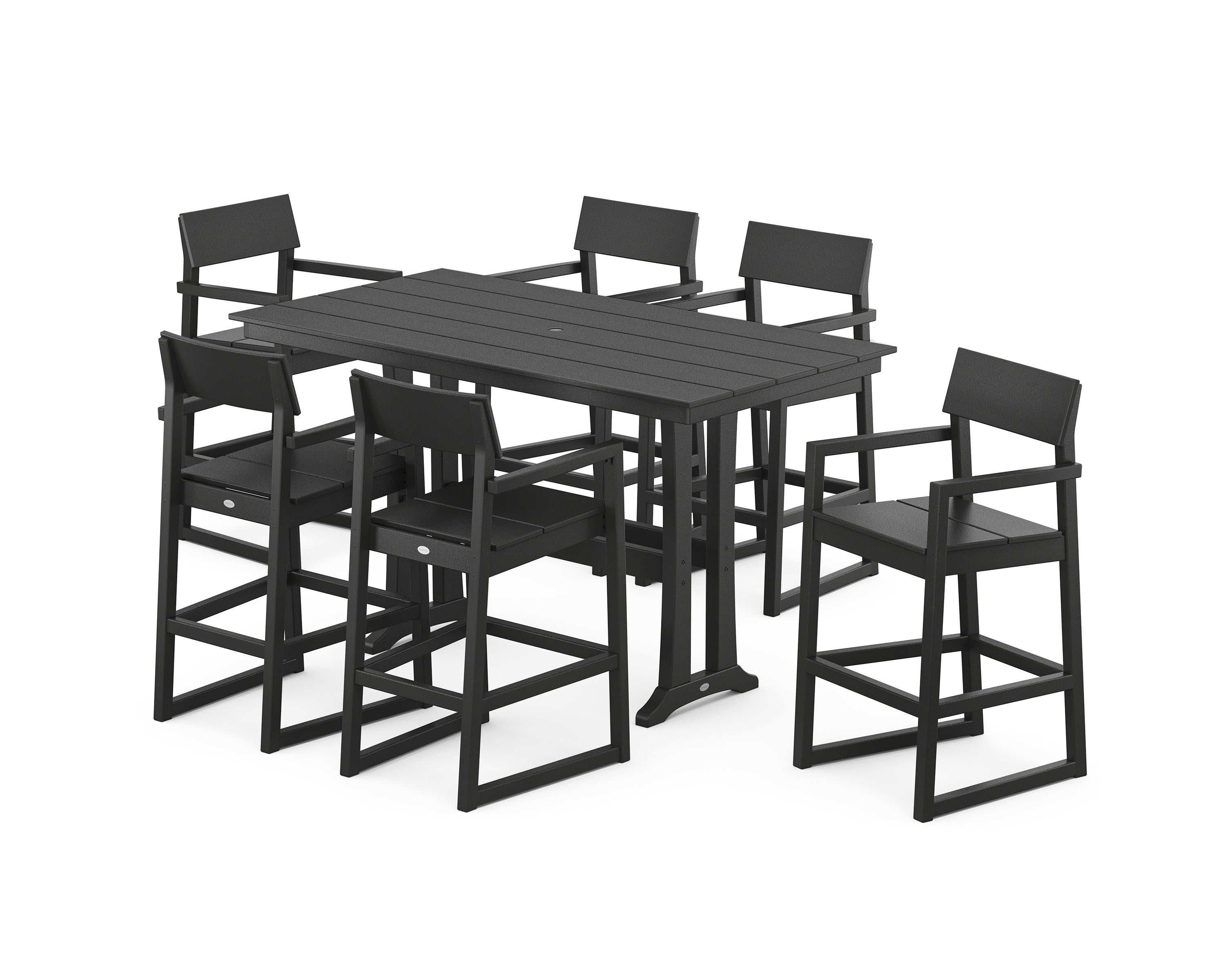 POLYWOOD EDGE Arm Chair 7-Piece Farmhouse Bar Set with Trestle Legs in Black