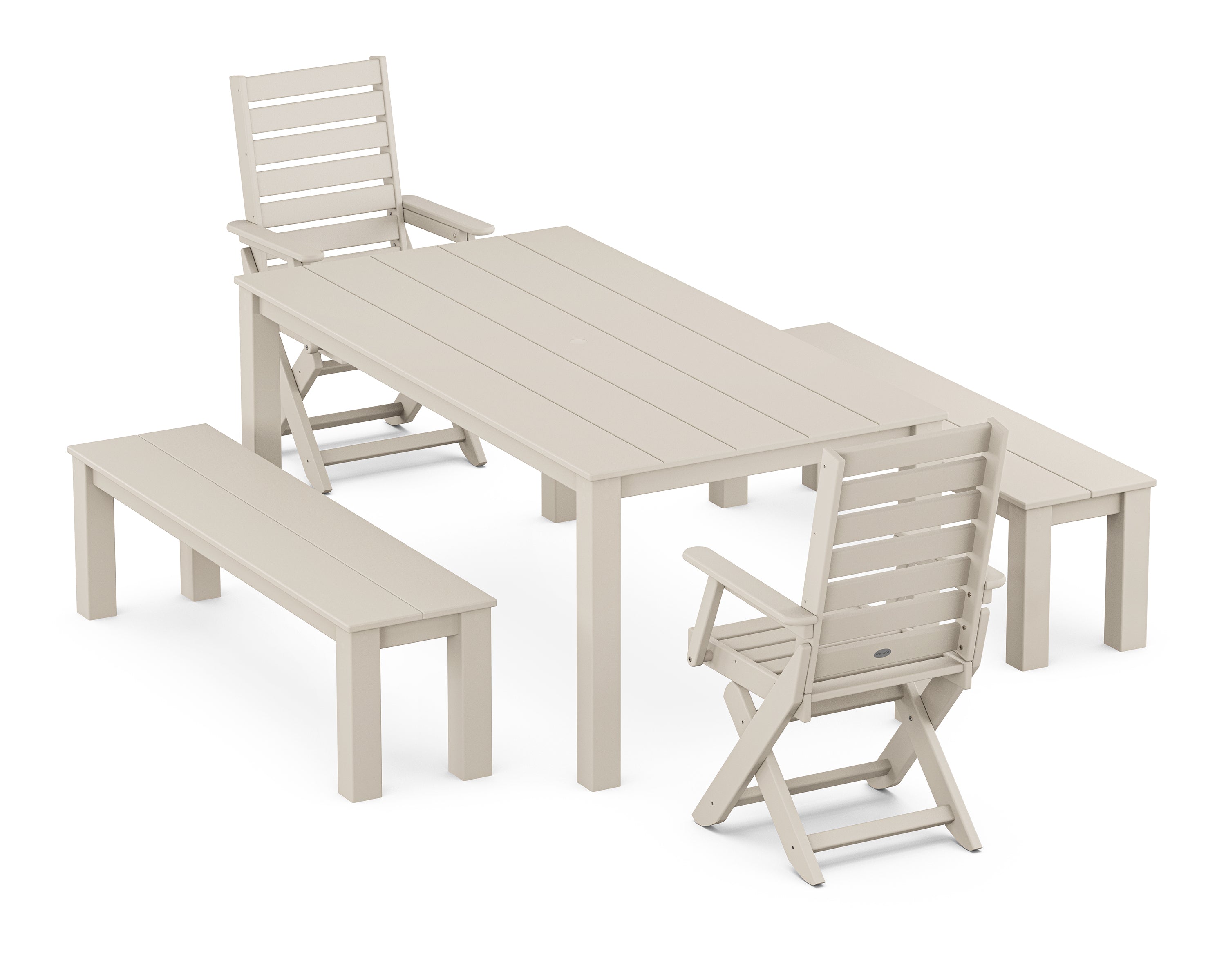 POLYWOOD Captain Folding Chair 5-Piece Parsons Dining Set with Benches in Sand