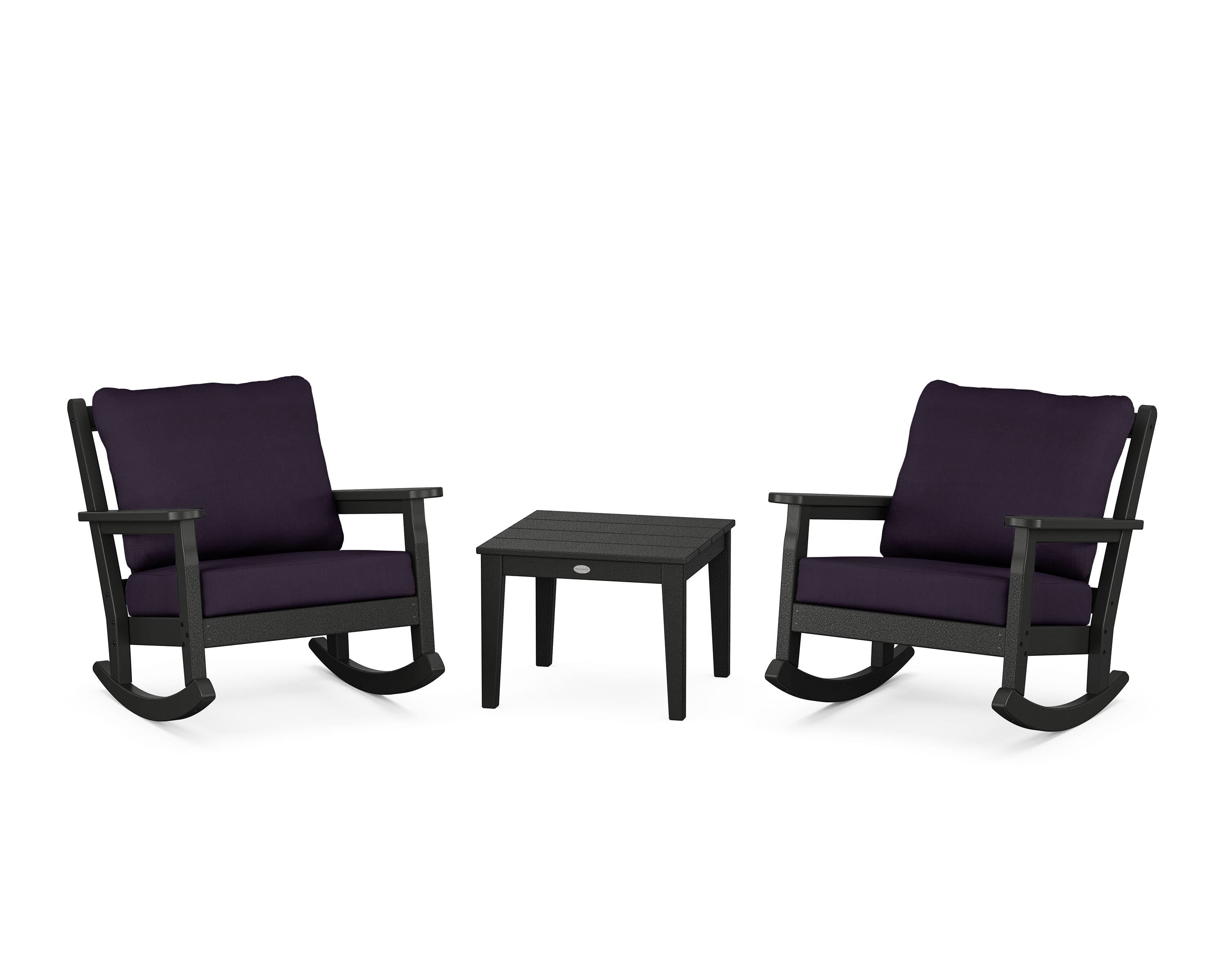 POLYWOOD Chippendale 3-Piece Deep Seating Rocker Set in Black / Navy Linen