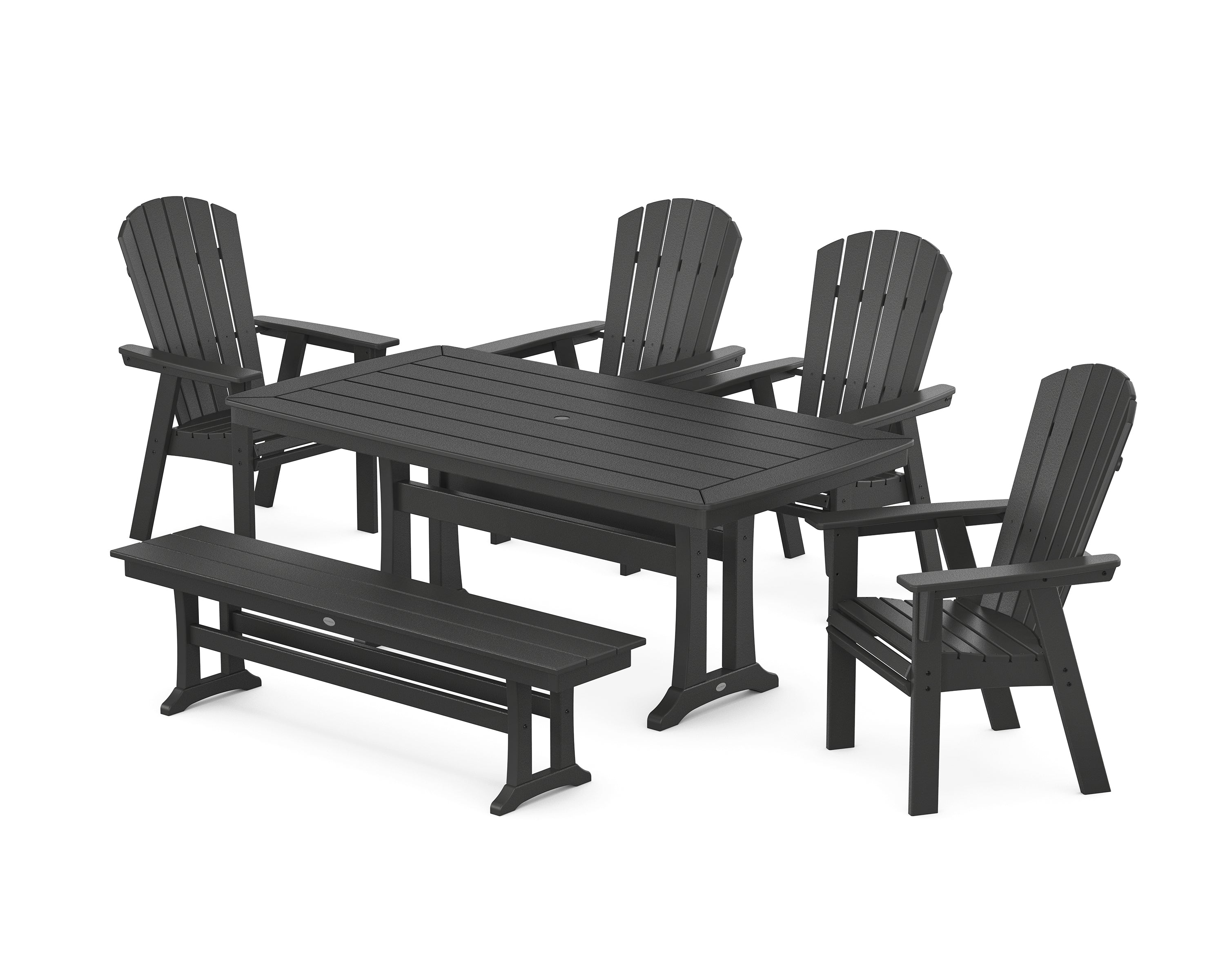POLYWOOD Nautical Curveback Adirondack 6-Piece Dining Set with Trestle Legs and Bench in Black