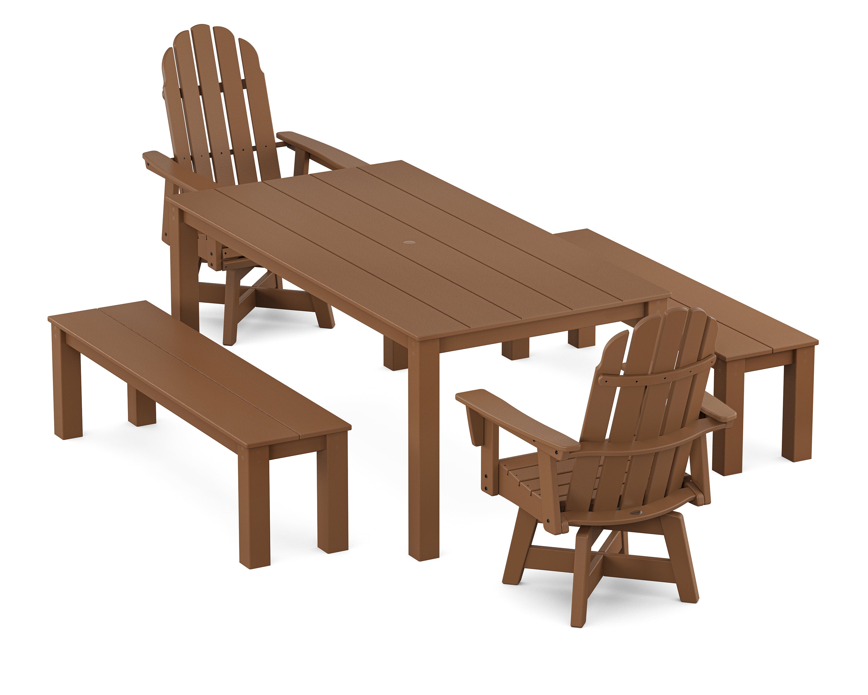 POLYWOOD® Vineyard Curveback Adirondack 5-Piece Parsons Swivel Dining Set with Benches in Teak