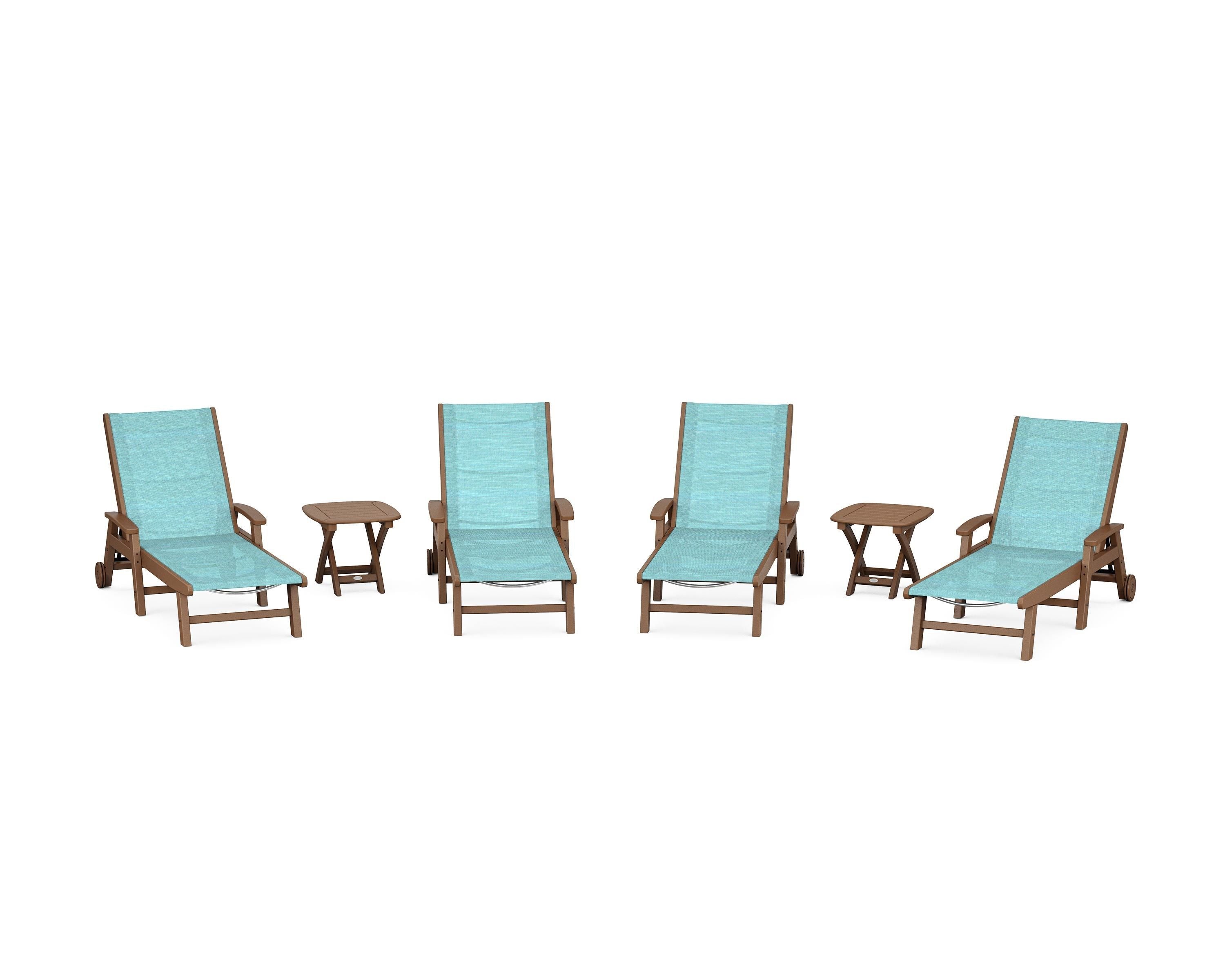 POLYWOOD Coastal Chaise 6-Piece Set with Wheels in Teak / Dupioni Aquamarine Sling