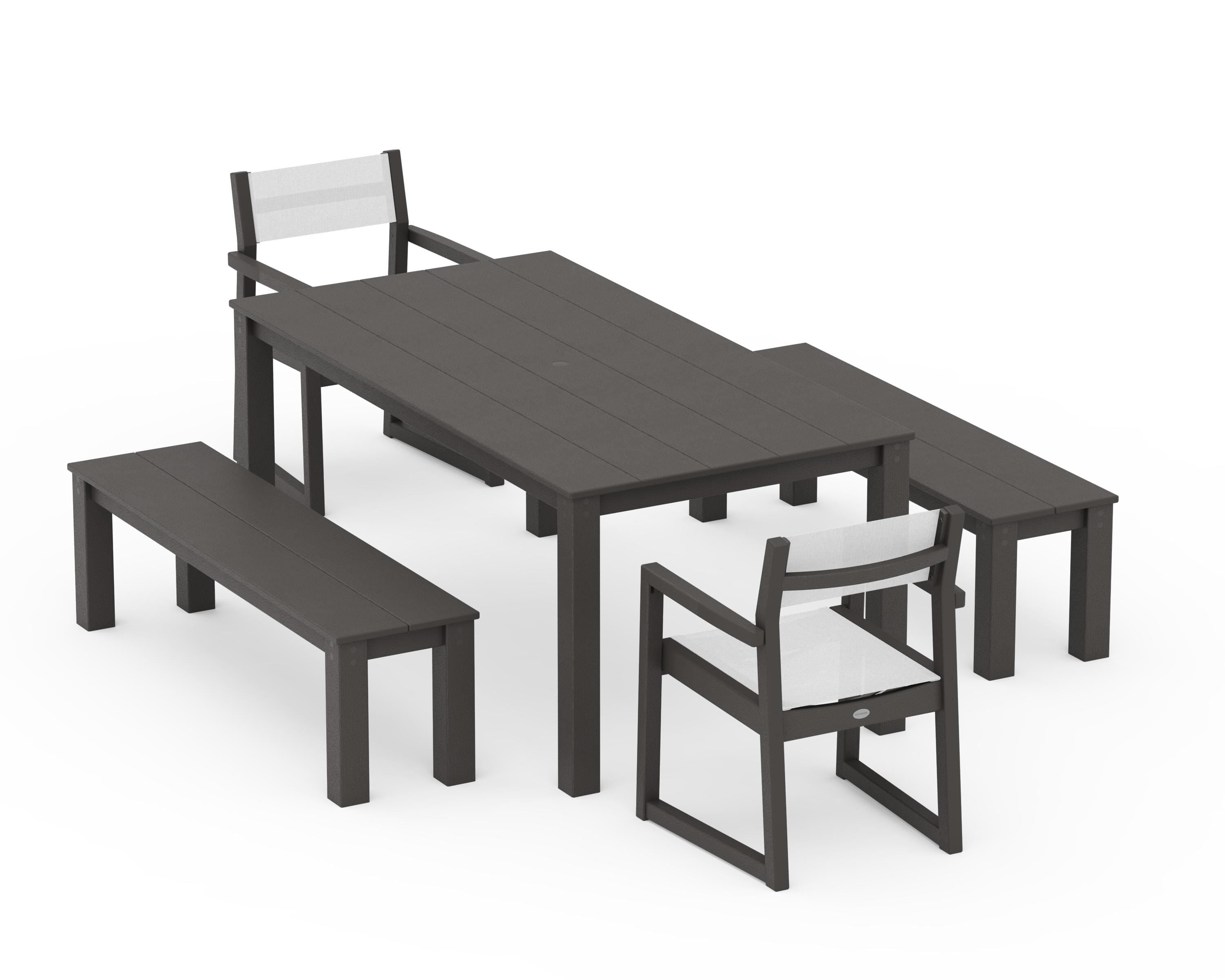 POLYWOOD EDGE Sling Arm Chair 5-Piece Parsons Dining Set with Benches in Vintage Coffee / White Sling