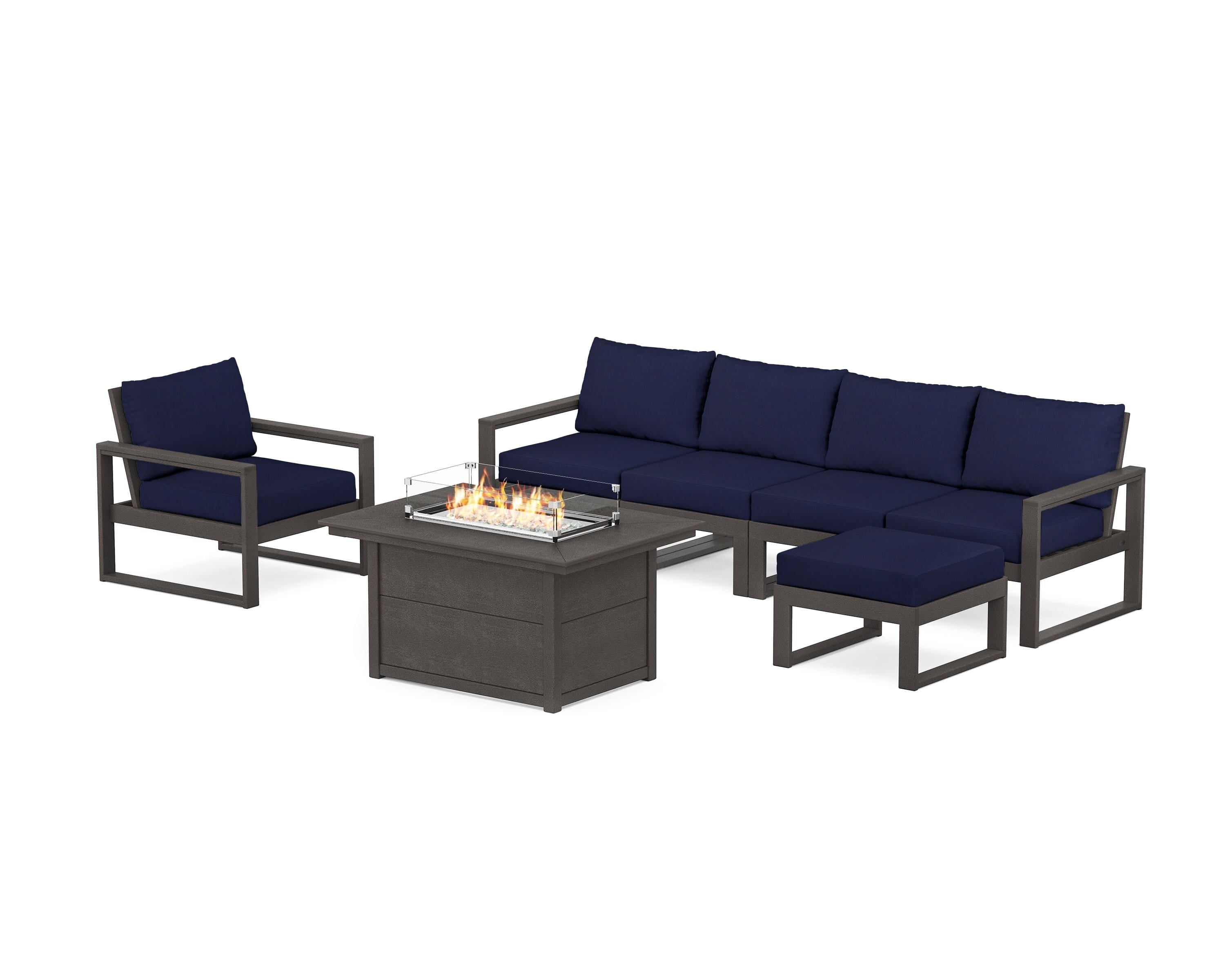 POLYWOOD EDGE Sectional Lounge and Fire Pit Set in Vintage Coffee / Navy