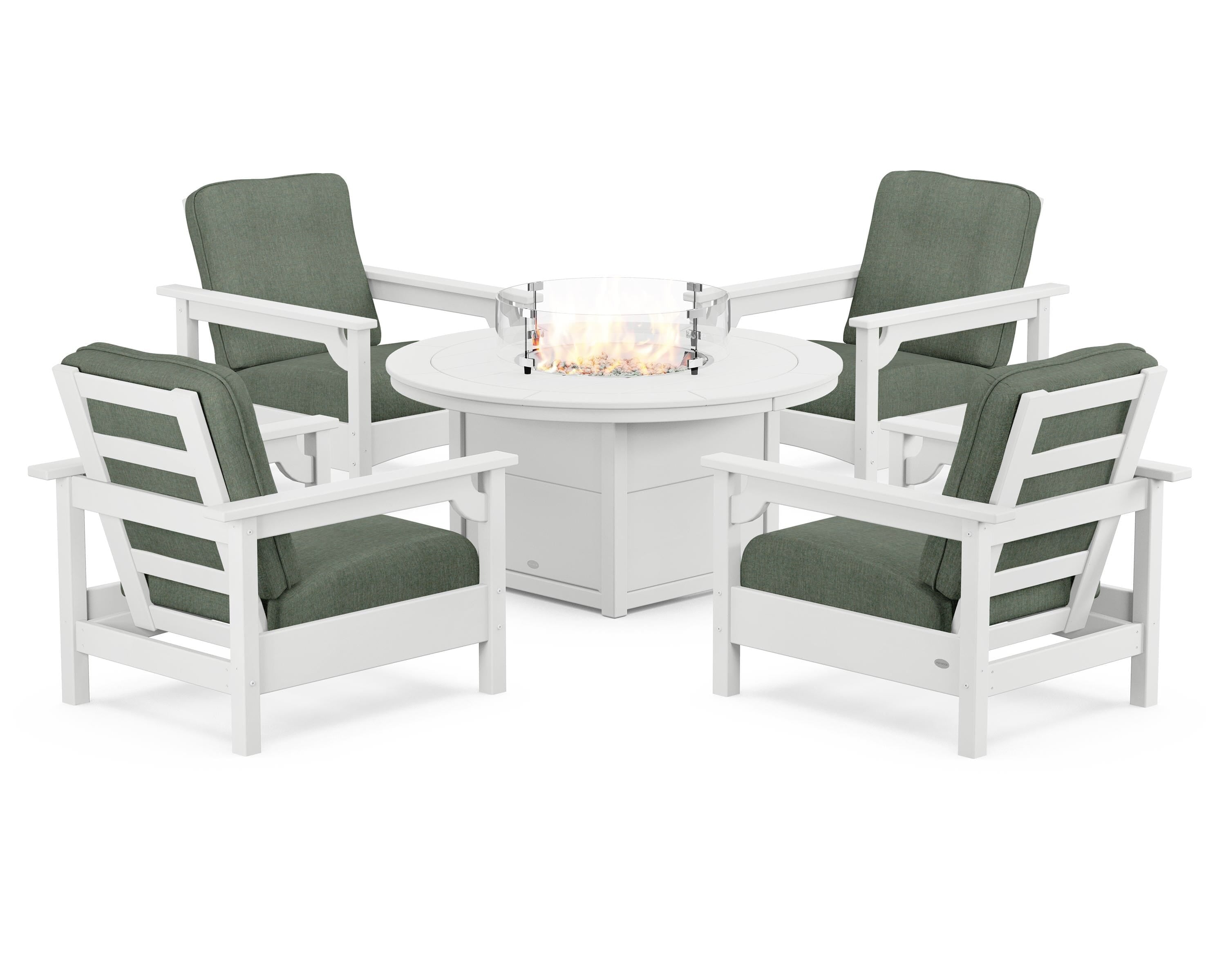 POLYWOOD Club 5-Piece Conversation Set with Fire Pit Table in White / Cast Sage