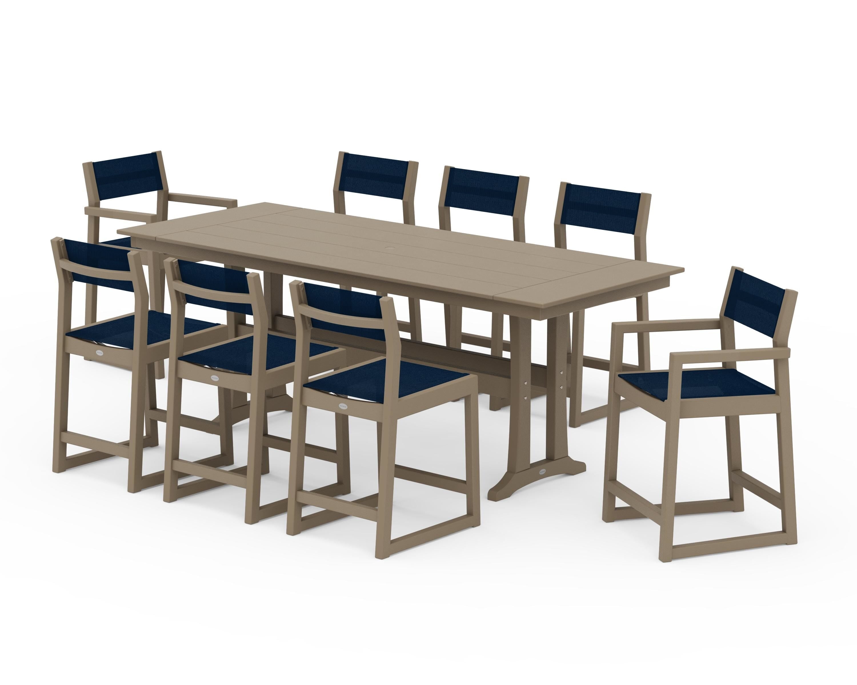 POLYWOOD EDGE Sling 9-Piece Farmhouse Counter Set with Trestle Legs in Vintage Sahara / Navy Blue Sling