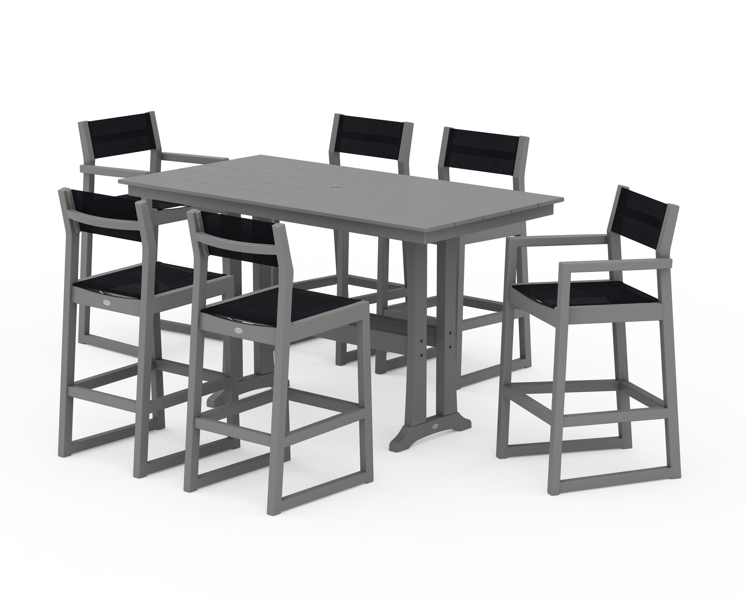 POLYWOOD EDGE Sling 7-Piece Farmhouse Bar Set with Trestle Legs in Slate Grey / Black Sling