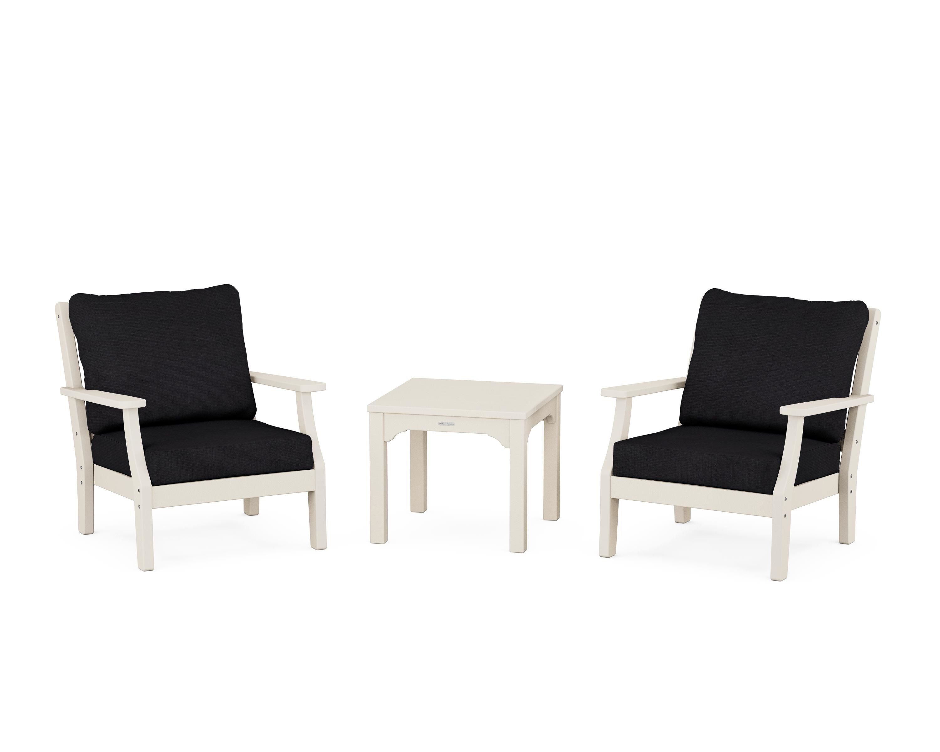 Martha Stewart by POLYWOOD Chinoiserie 3-Piece Deep Seating Set in Sand / Midnight Linen