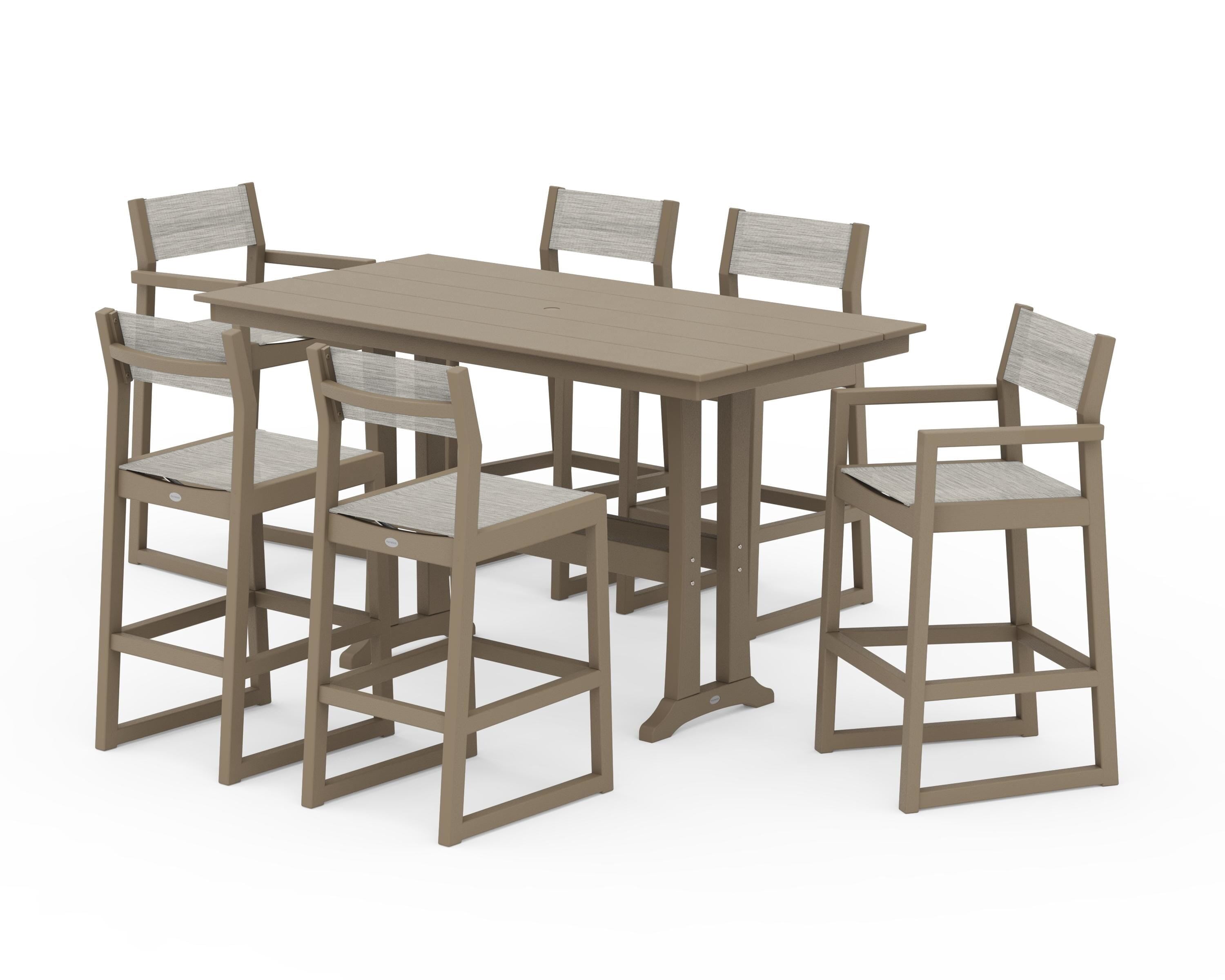 POLYWOOD EDGE Sling 7-Piece Farmhouse Bar Set with Trestle Legs in Vintage Sahara / Birch Sling