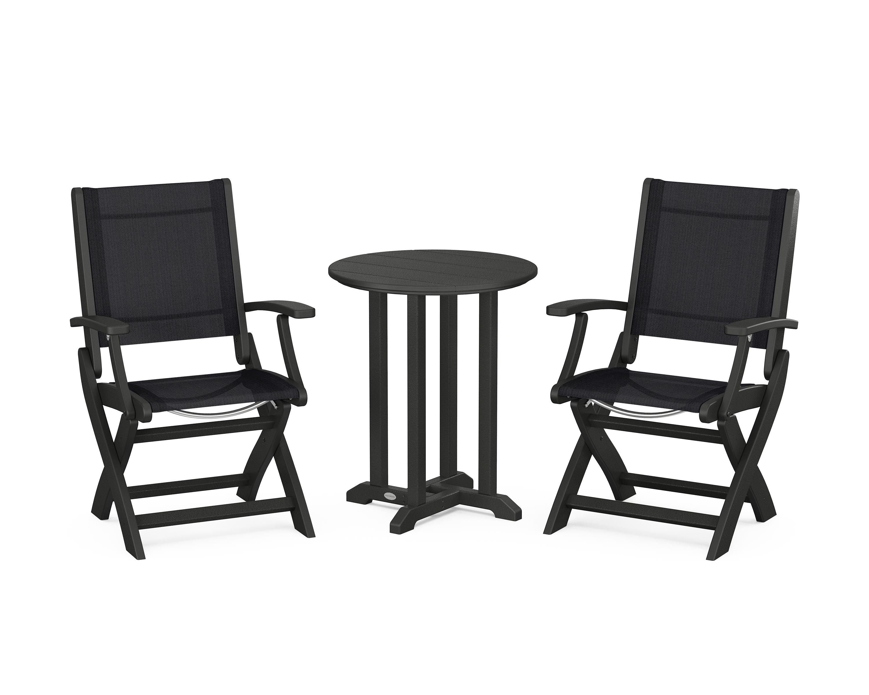 POLYWOOD Coastal Folding 3-Piece Round Bistro Dining Set in Black / Black Sling