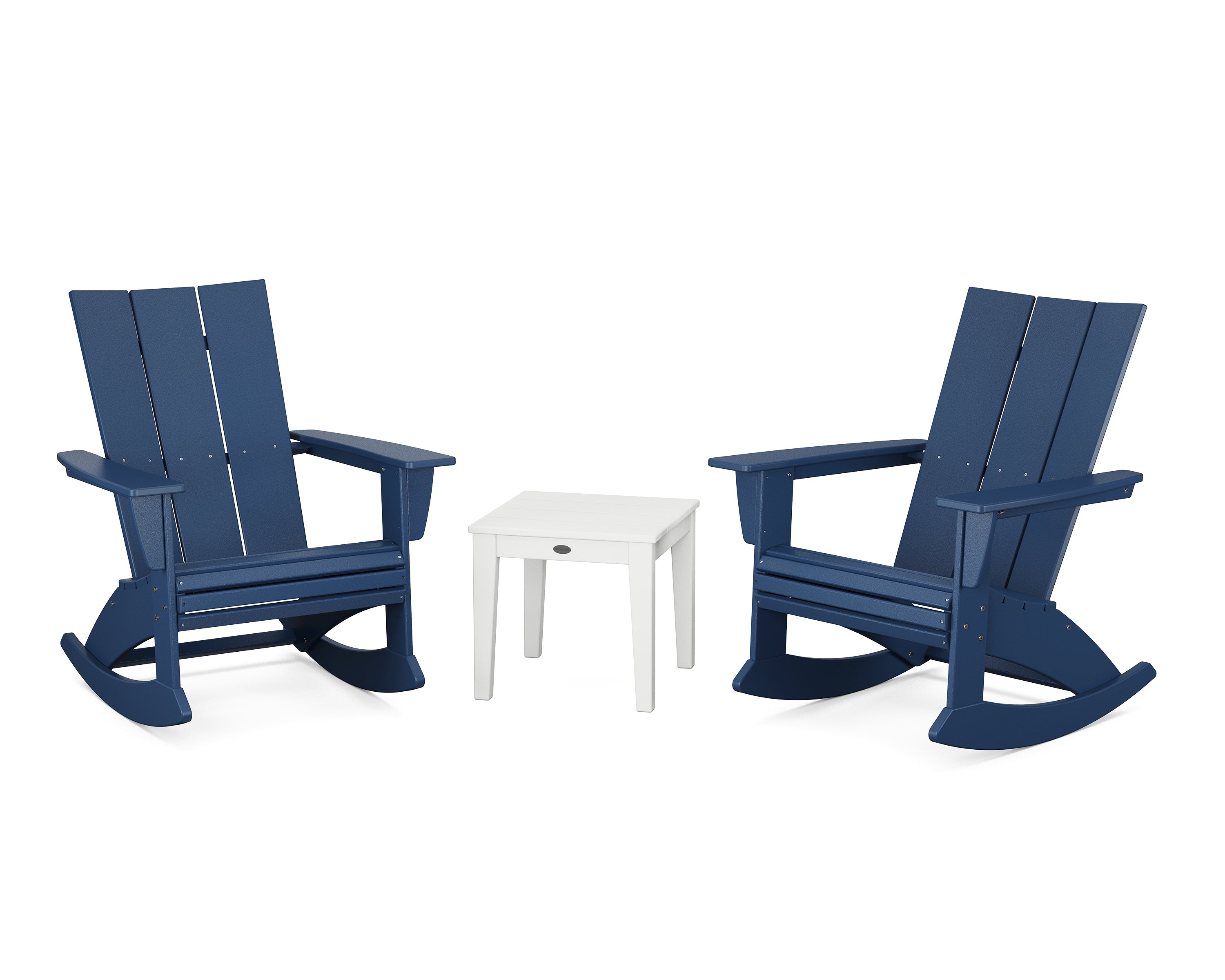 POLYWOOD Modern Curveback 3-Piece Adirondack Rocking Chair Set in Navy / White