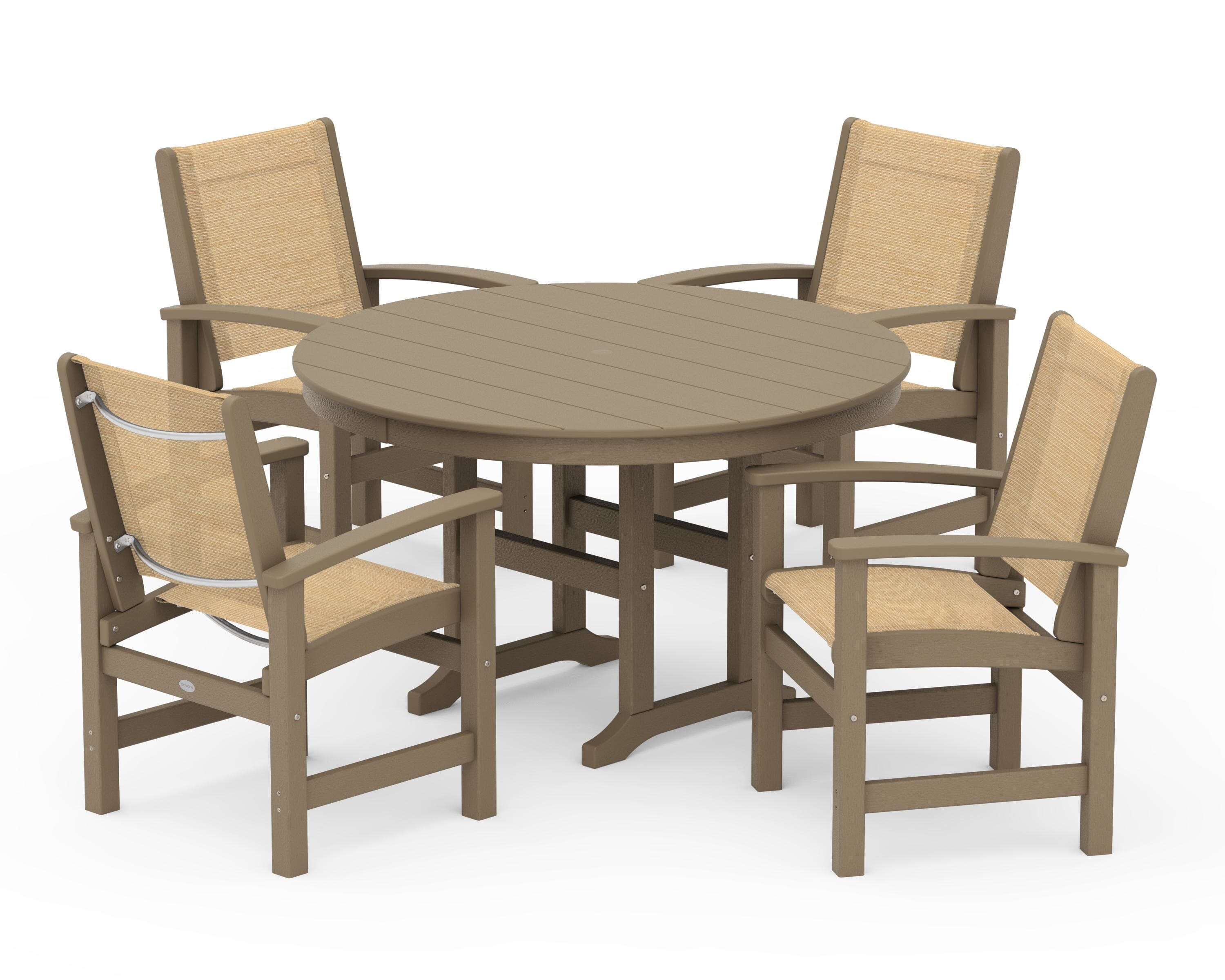 POLYWOOD Coastal 5-Piece Round Farmhouse Dining Set in Vintage Sahara / Dupioni Apricot Sling
