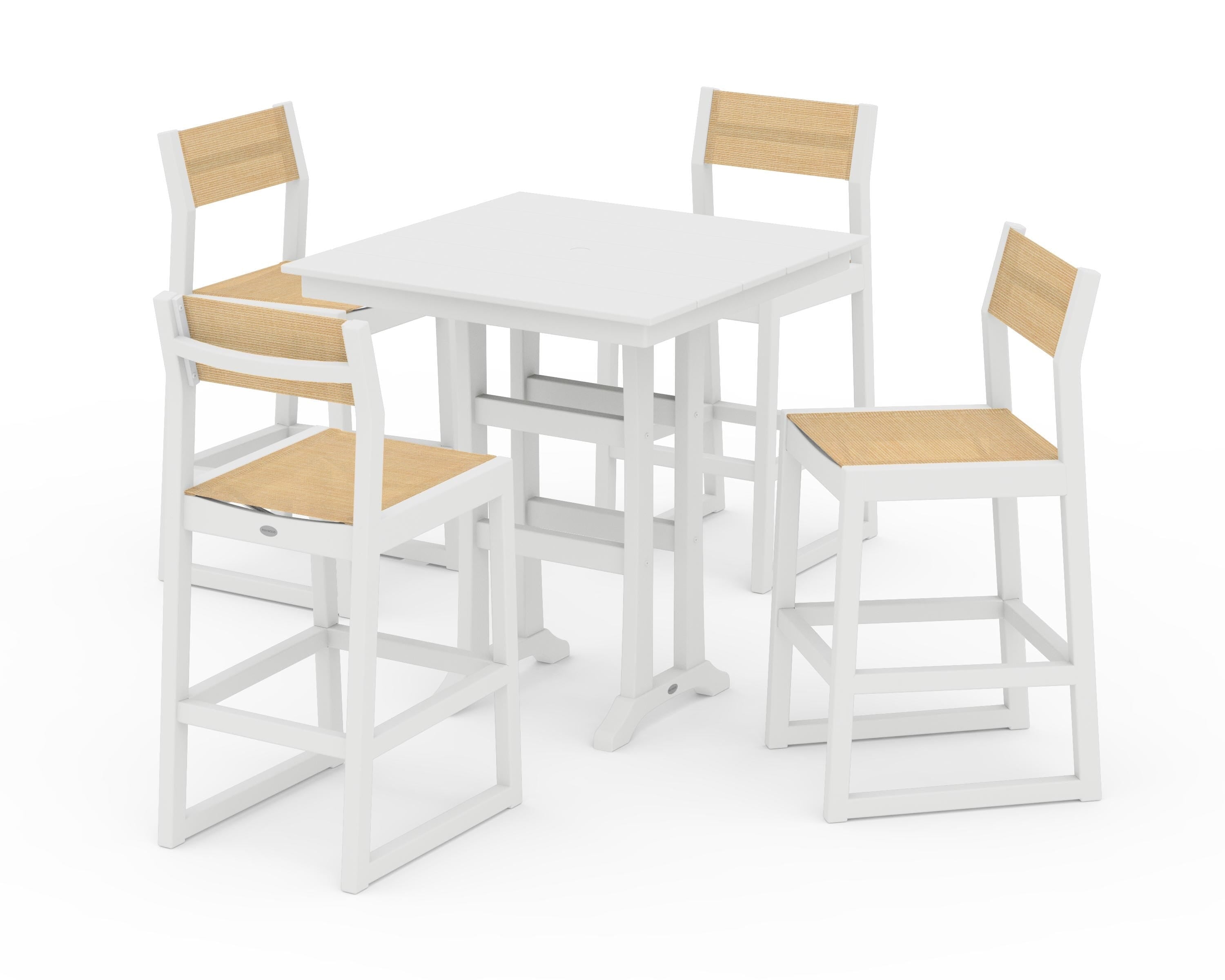 POLYWOOD EDGE Sling Arm Chair 5-Piece Farmhouse Bar Set with Trestle Legs in White / Dupioni Apricot Sling